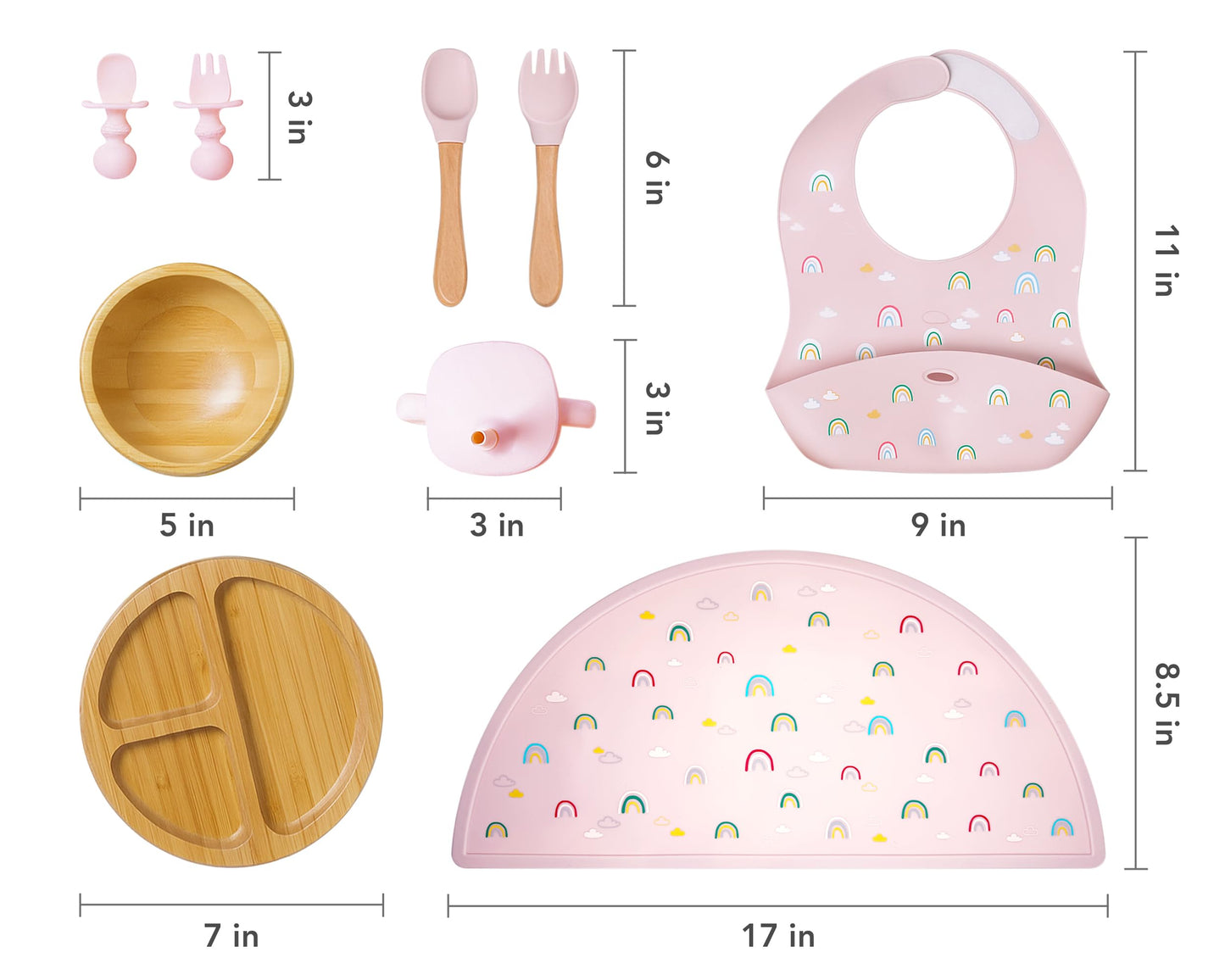 Bamboo Baby Feeding Set for Infants & Toddlers - Baby Essentials, Non-Toxic, Sustainable, Bamboo Suction Plate & Bowl, Bib, Sippy Cup w/Lid & Straw, Daily Use, Travel, Baby Shower Gifts (Pink)