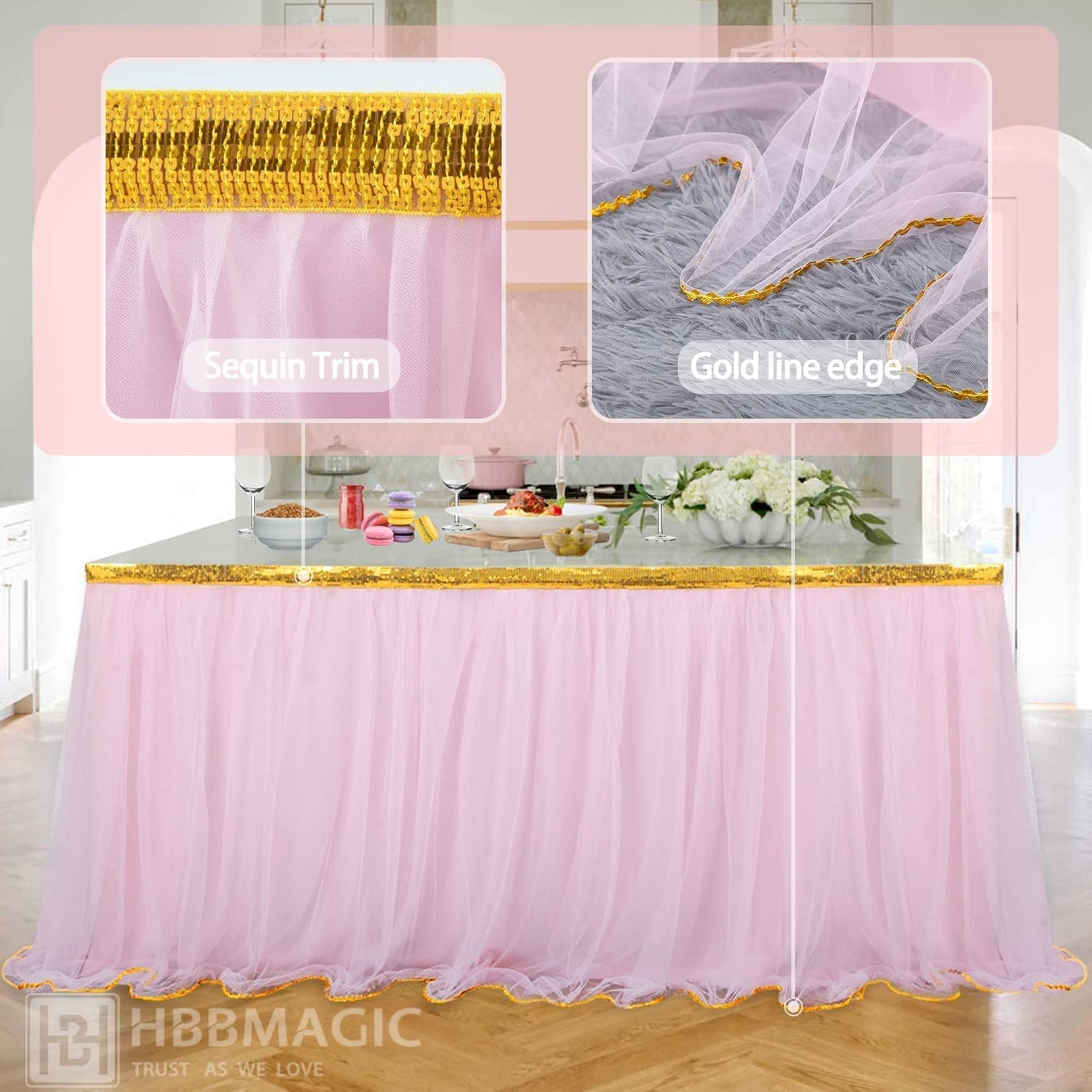 HB HBB MAGIC Pink Table Skirt Tulle Tutu Table Skirt for Rectangle Tables 6ft Girl Birthday Party Baby Shower Unicorn Decorations