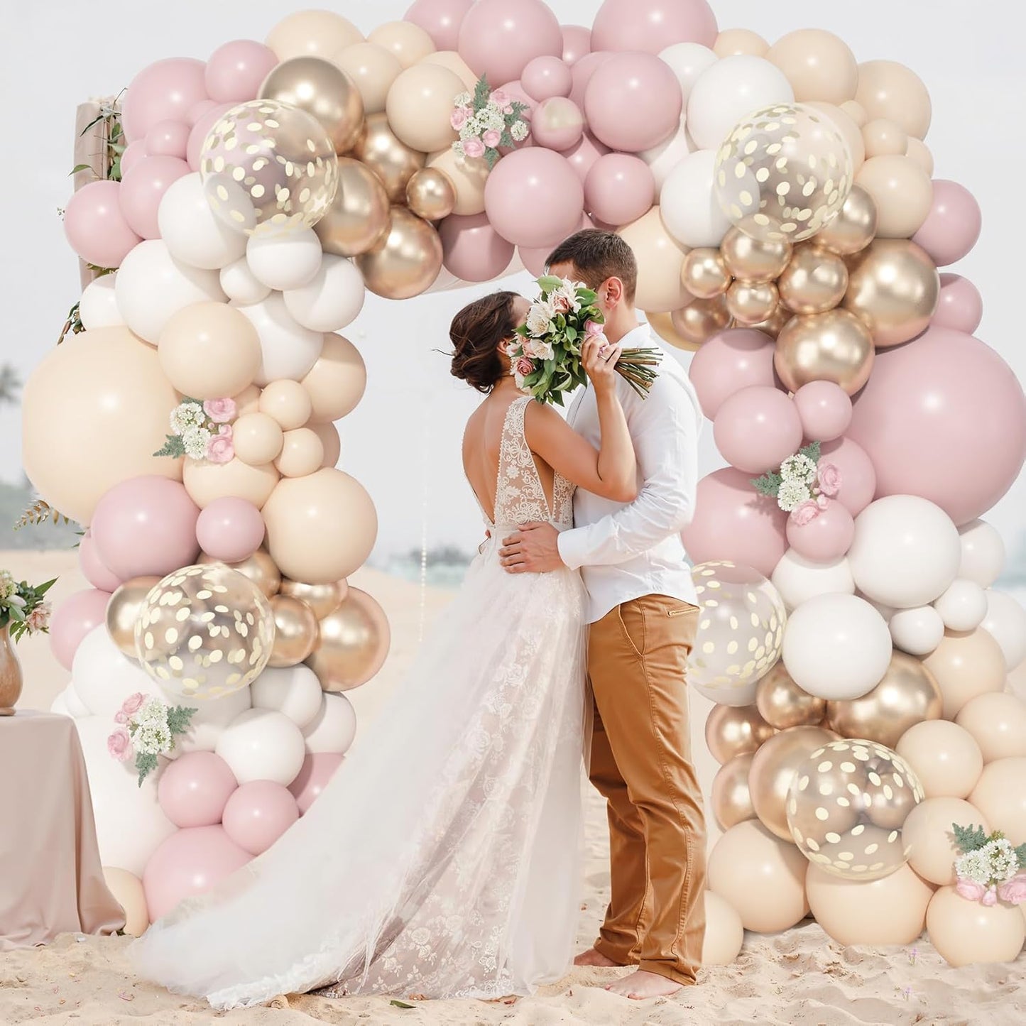 Ouddy Life 157 Pcs Boho Dusty Pink Balloons Arch Garland Kit, Blush Neutral Pink Sand White Metallic Gold Different Size Balloon for Girls Baby Shower Birthday Wedding Gender Reveal Party Decorations