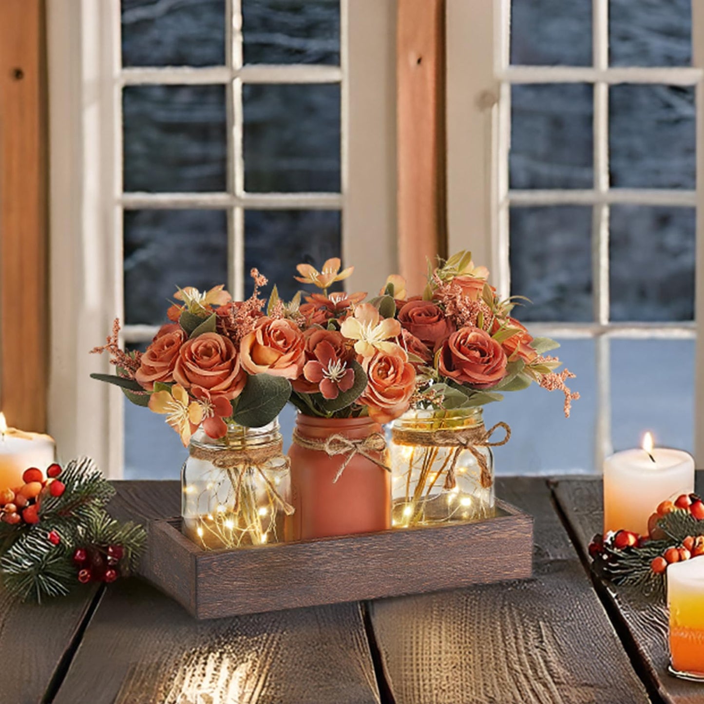 Mkono Mason Jar Lights Centerpiece Table Decor for Dining Room Farmhouse Wood Tray with 3 Jars Flowers Summer Decoration for Coffee Table Kitchen Living Room Wedding
