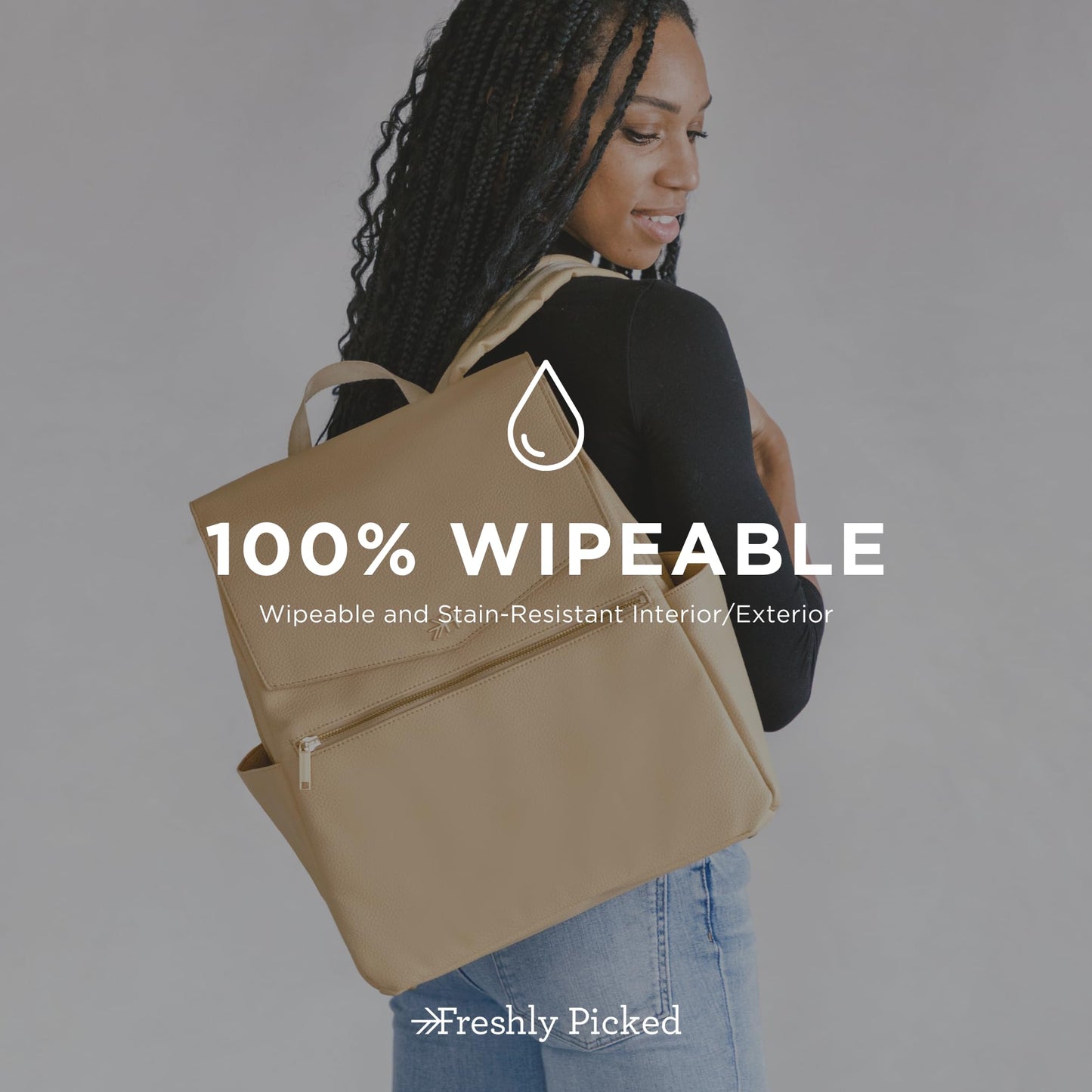 Freshly Picked Classic II Diaper Bag Backpack, Wipeable Vegan Leather With Changing Pad (Sage Green V2)