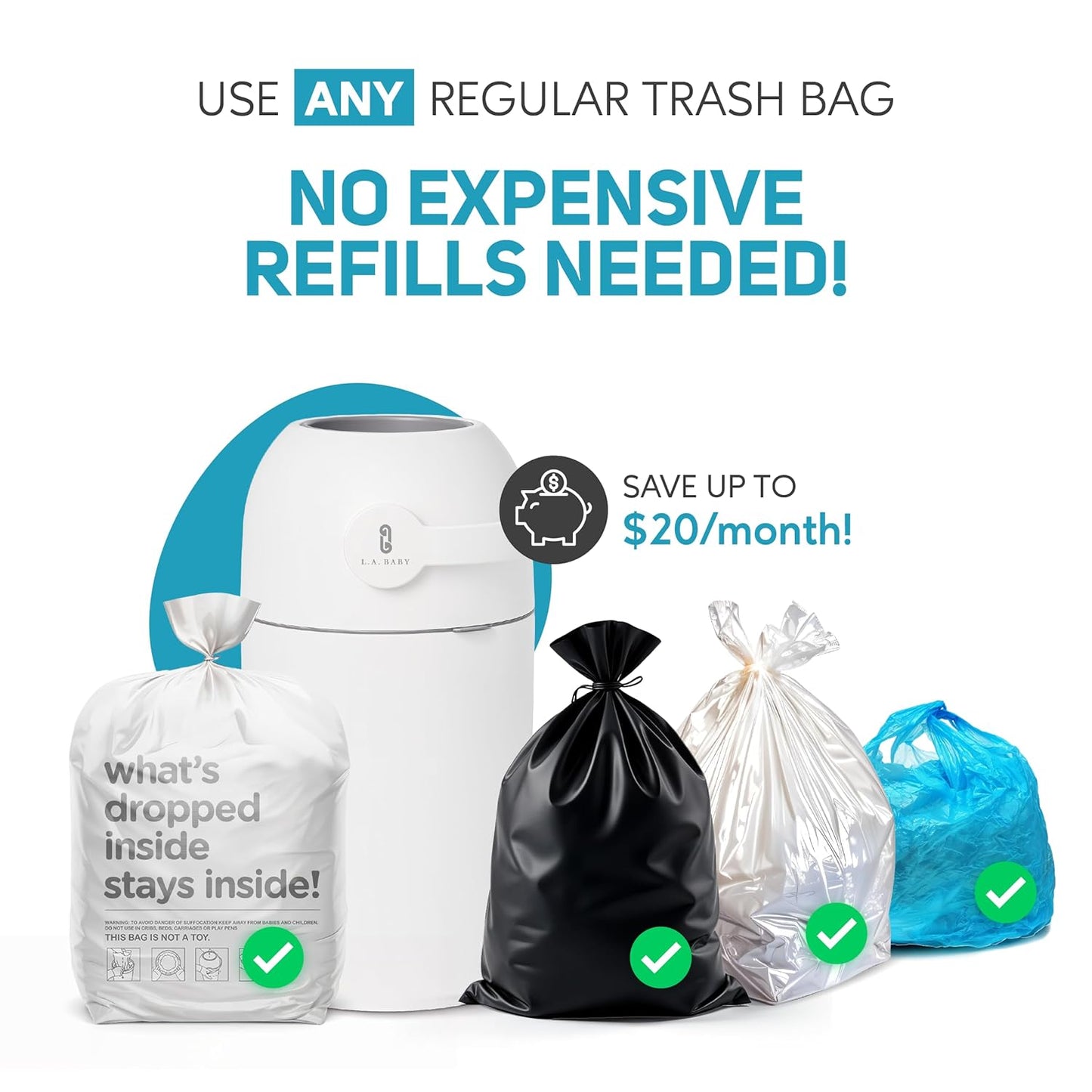 Magic Diaper Pail - Patented 100% Odor-Free System with Child-Safe Lock - Award-Winning Design - No Refills Required - Works with Regular Trash Bags - White