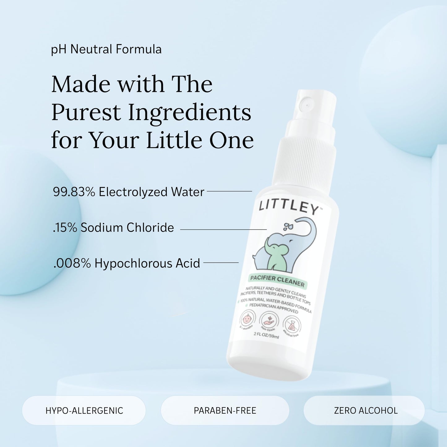 Littley Pacifier & Teether Cleaner with Hypochlorous Acid, Non-Toxic & Alcohol-Free, Gentle Formula for Cleaning Baby & Toddler Essentials, 2oz Travel-Size Spray Bottle