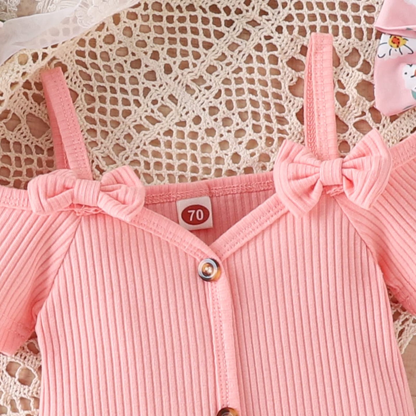 Fernvia Infant Baby Girl Clothes Suspenders Short Sleeve Ribbed Romper Flared Pants Set Headband 3pcs Summer Outfit