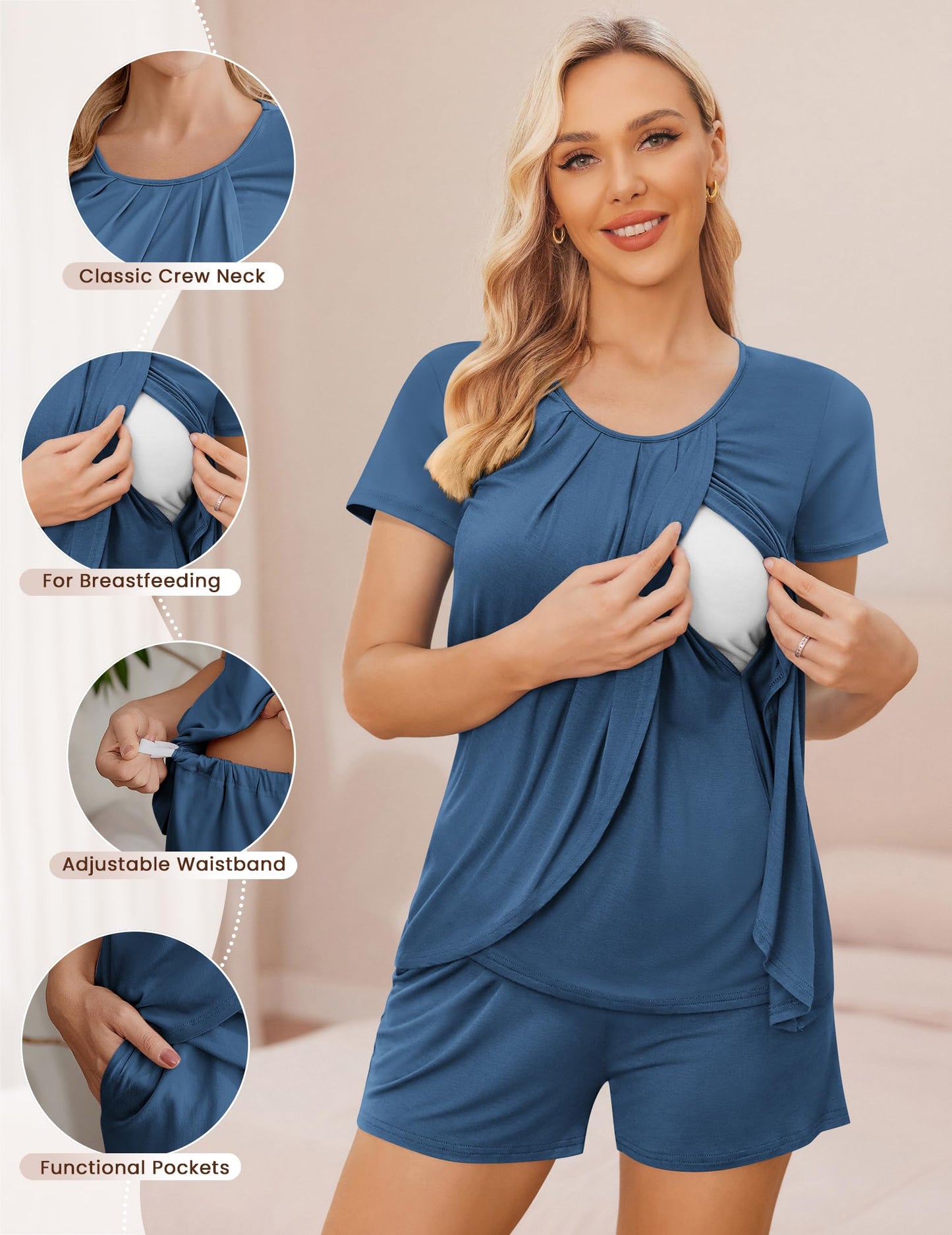 Ekouaer Women's Maternity Nursing Pajamas Set Breastfeeding Sleepwear Double Layer Short Sleeve Top & Shorts Nursing Pjs