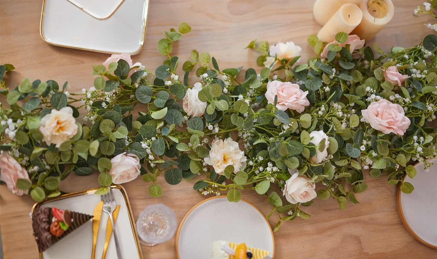 Anna's Whimsy 5.91FT Artificial Eucalyptus Garland with Flowers, Fake Flower Rose Gypsophila, Faux Floral Greenery Garland for Wedding Spring Home Party Craft Art Table Runner Decor