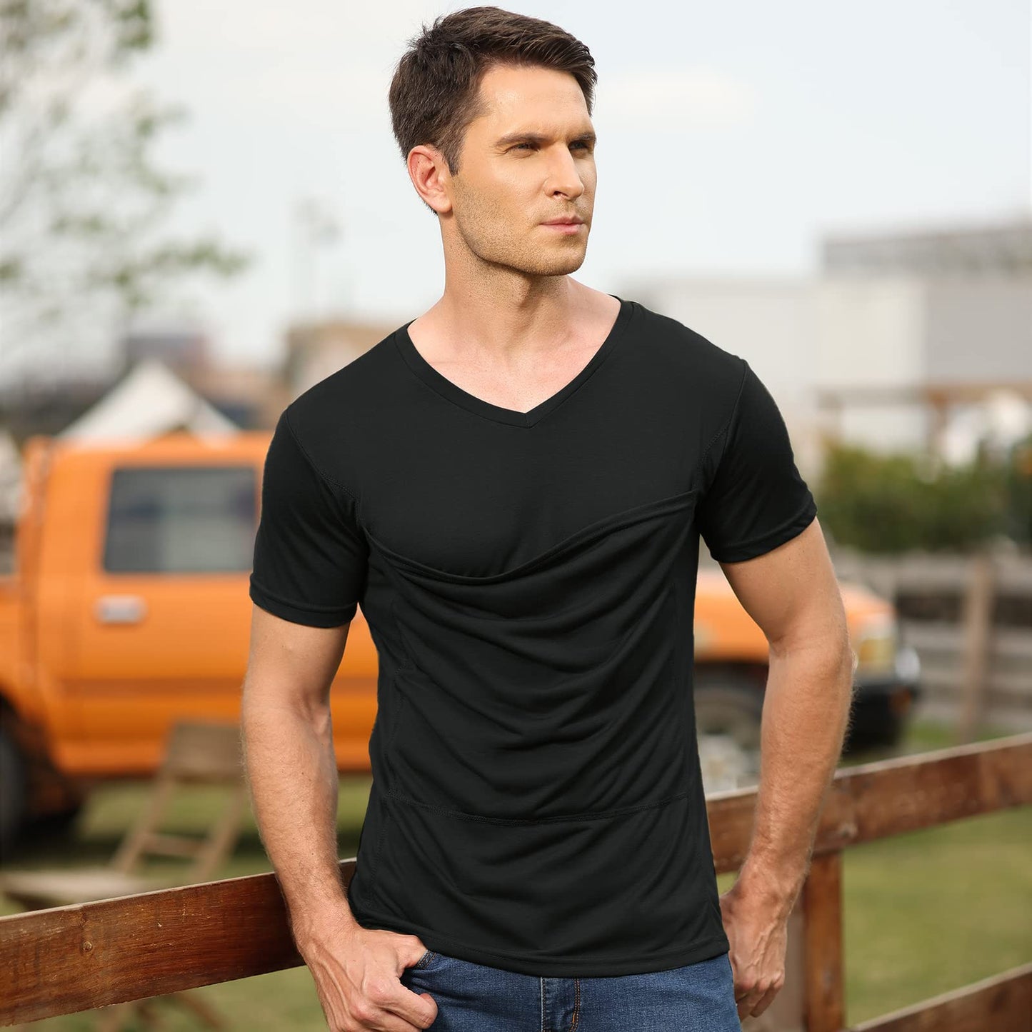 Mens Baby Carrier Shirt V Neck Short Sleeve T-Shirts for Men Skin to Skin T-Shirt with Pocket