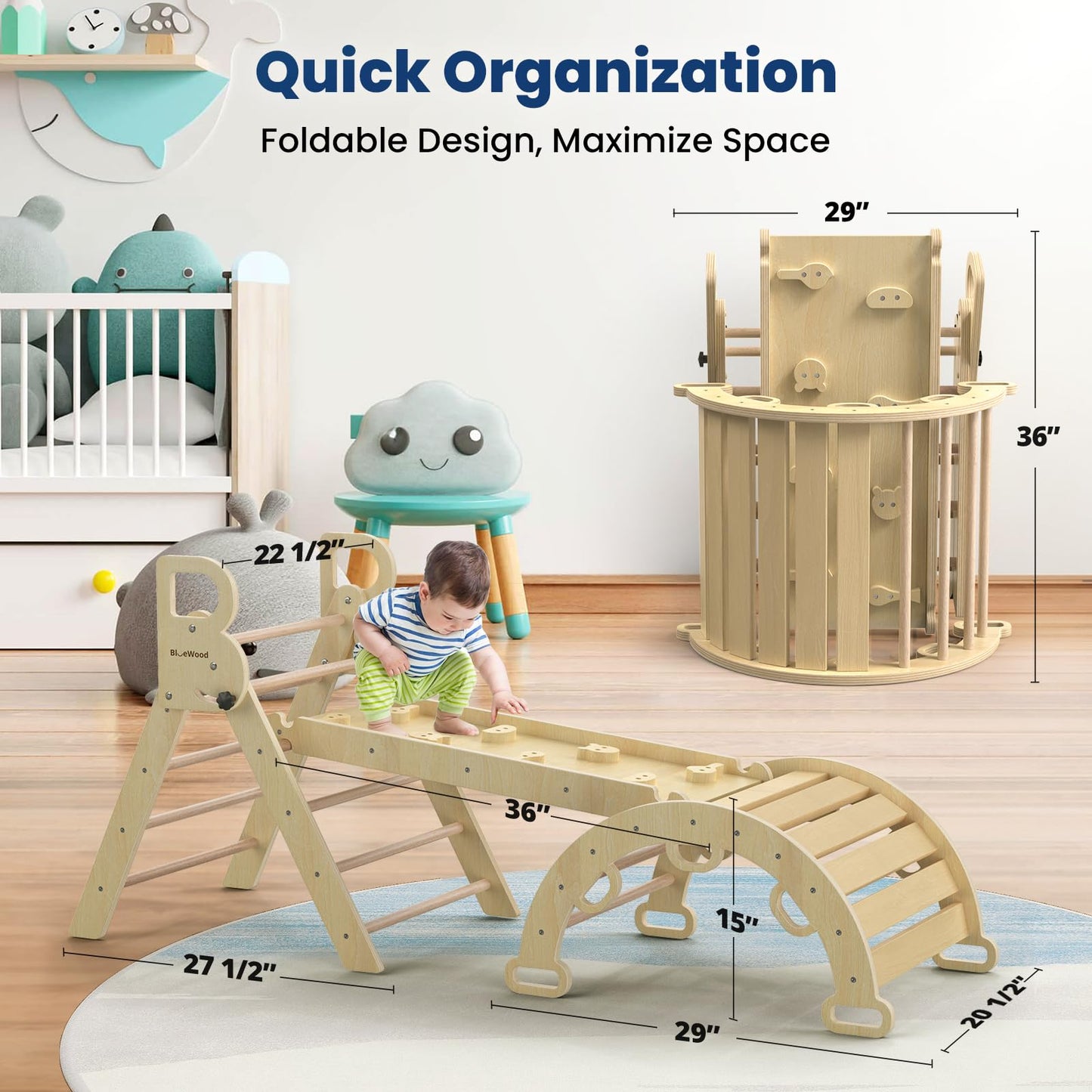 BlueWood Pikler Triangle Set 7-in-1 Foldable Baby Climbing Wooden Toys with Arch&Ramp&Ladder Climber Indoor Jungle Gyms for Toddlers - Rainbow