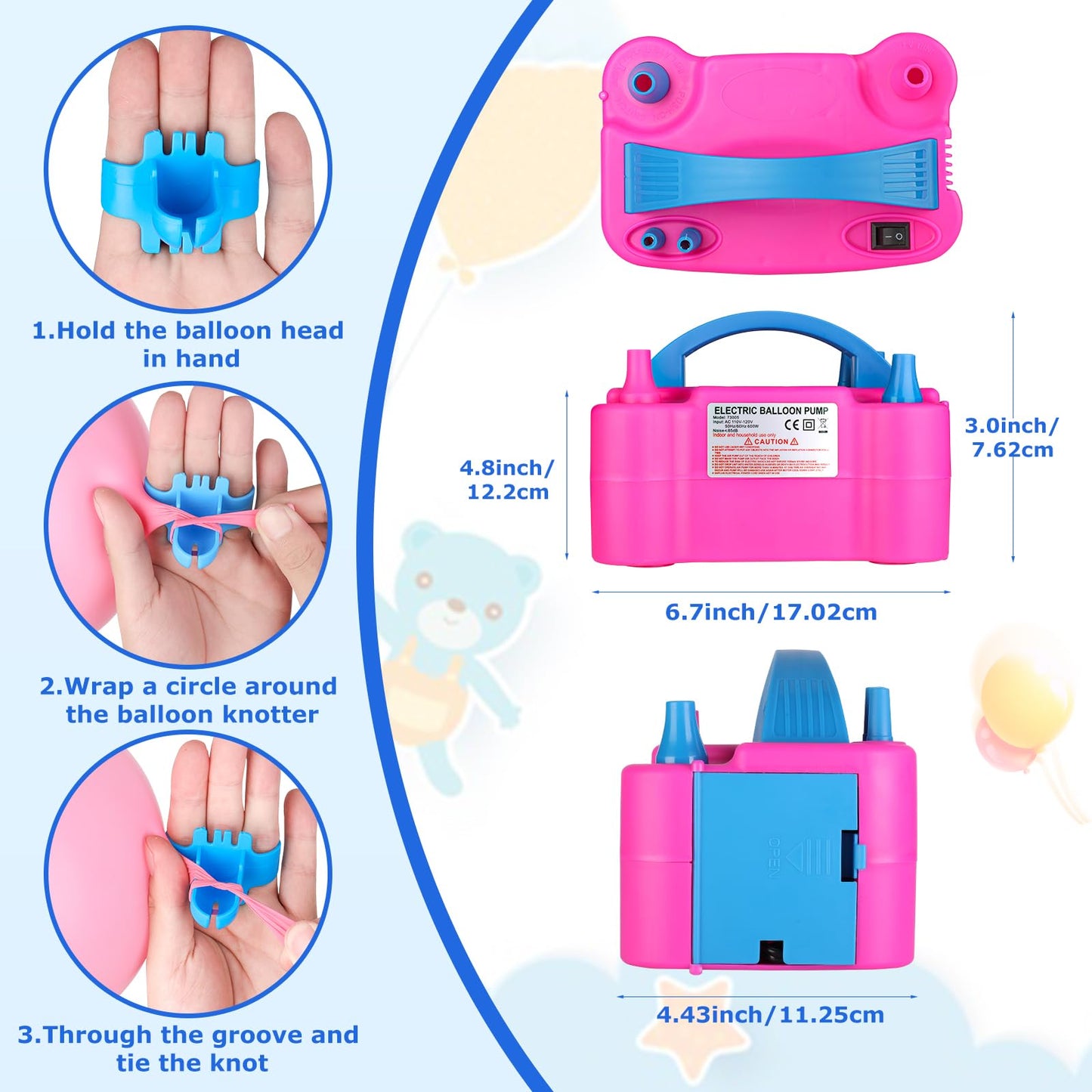 Balloon Pump Electric, Portable Automatic Dual Nozzle Inflator 110V 600W with Tying Tools for Birthday Gender Reveal Baby Shower Balloons Party Decorations