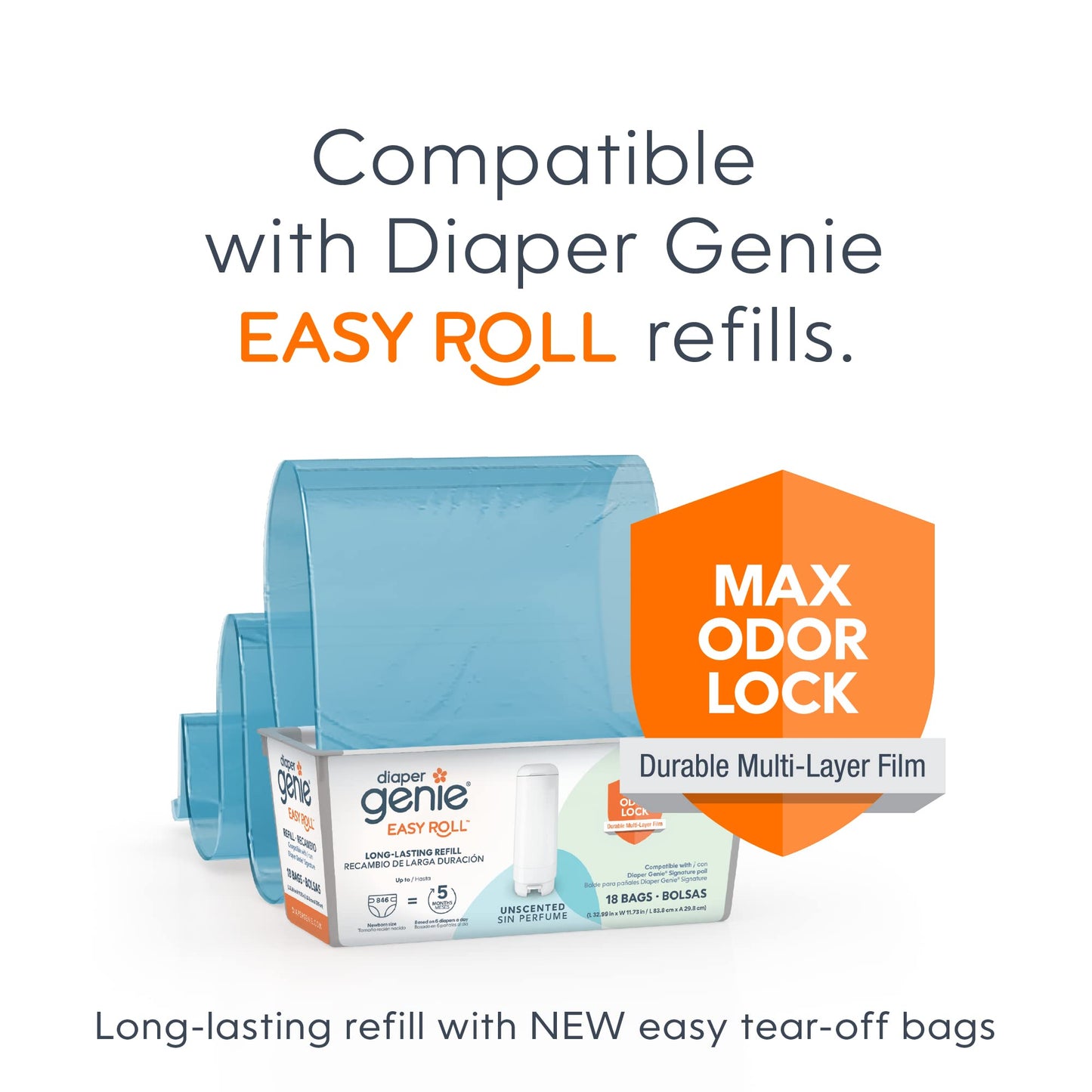 Diaper Genie Signature Pail Includes 1 Easy Roll Refill with 18 Bags | Holds Up to 846 Newborn-Sized Diapers Per Refill