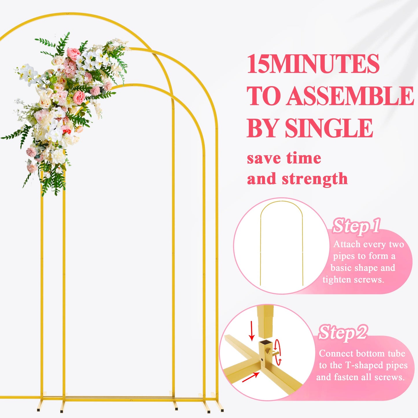 Wokceer Wedding Arch Backdrop Stand 6FT, 5FT, 4FT Set of 3 Gold Metal Arch Stand for Wedding Ceremony Baby Shower Birthday Party Decor