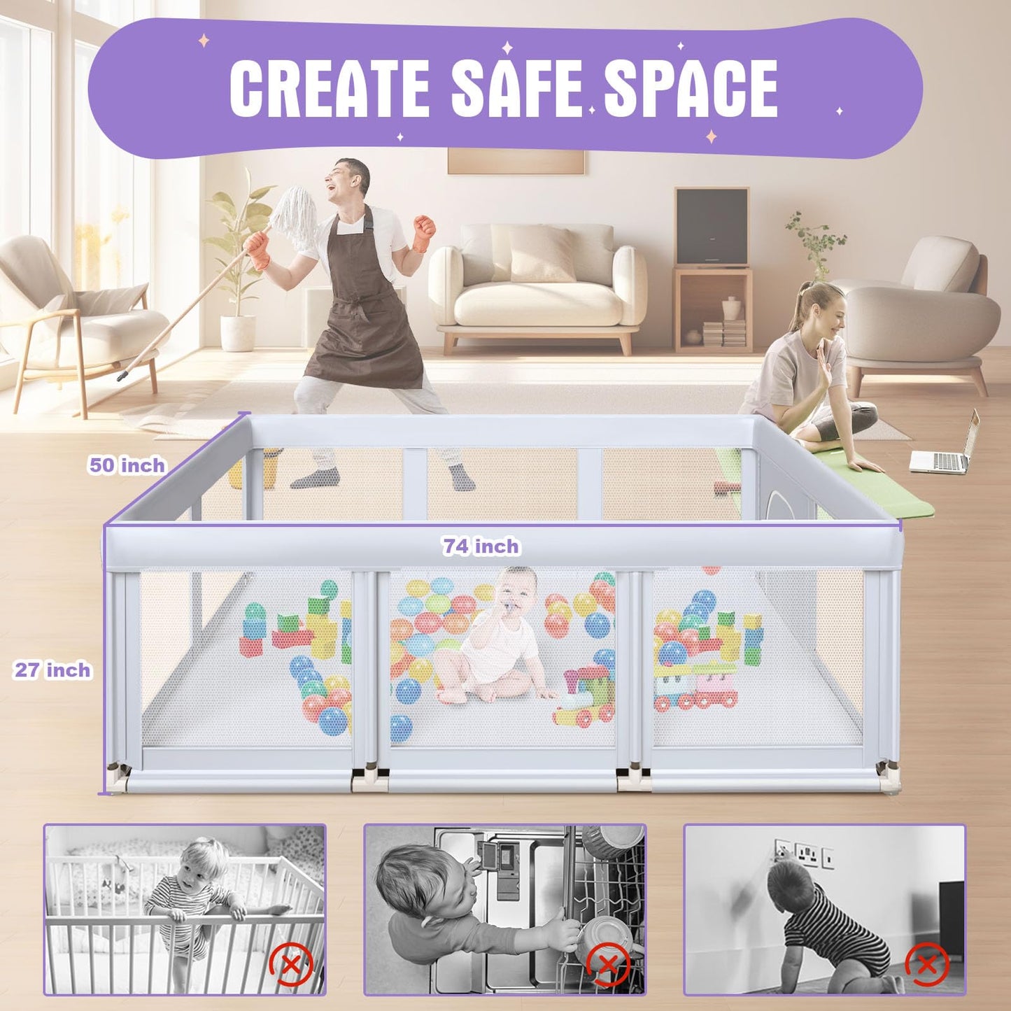 Baby Playpen 50x50 Inch, Play Pens for Babies and Toddlers Baby Fence Baby Play Yards for Indoor & Outdoor with Breathable Mesh Anti-Fall Playpen