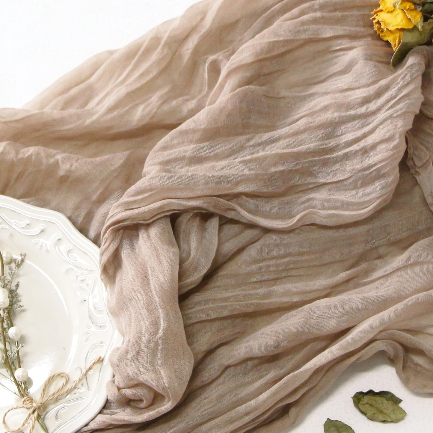 FEXIA Beige Cheesecloth Table Runner 35x120 Inches Ivory Gauze Rustic Boho Spring Easter Table Runner for Engagement Party Decorations Bridal Shower Wedding Party First Communion Centerpiece