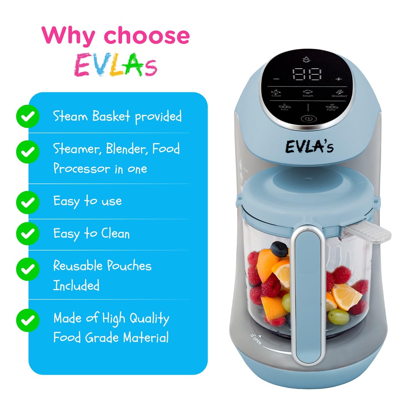EVLA'S Baby Food Maker, Steamer, Blender, Baby Food Processor for Healthy Homemade Baby Food in Minutes, Touch Screen with 6 Reusable Food Pouches, Baby Registry Essential, White