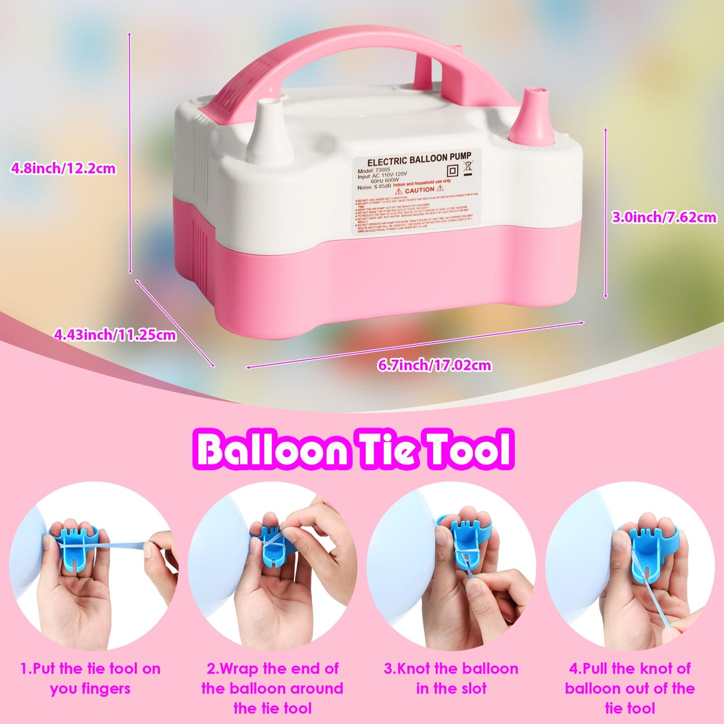 Balloon Pump Electric, Portable Automatic Dual Nozzle Inflator 110V 600W with Tying Tools for Birthday Gender Reveal Baby Shower Balloons Party Decorations