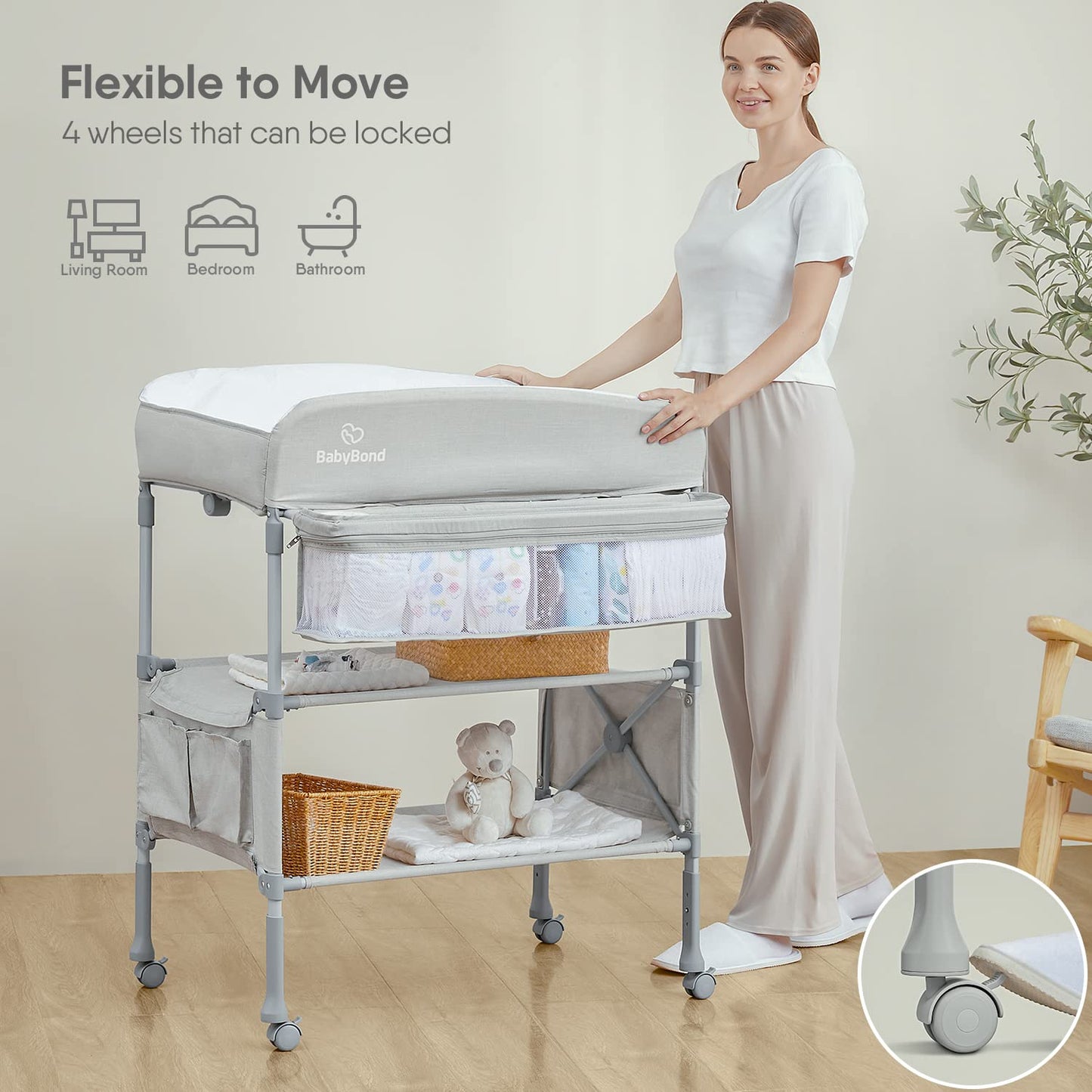 BabyBond Portable Baby Changing Table with 2 Storage Baskets, Foldable Changing Table Dresser Waterproof Diaper Changing Table Height Adjustable Changing Station for Infant and Newborn(Beige)