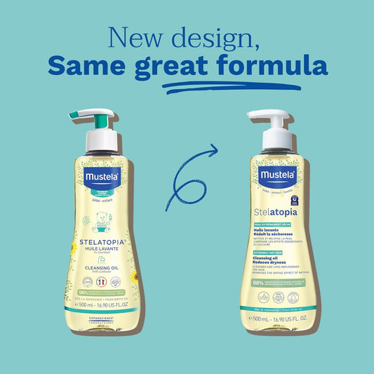 Mustela Stelatopia Eczema-Prone Skin Cleansing Oil - Baby Body Wash with Natural Avocado & Sunflower Oil - Family Skin Care Essentials - EWG Verified - Fragrance-Free & Tear Free - 16.9 fl. oz.