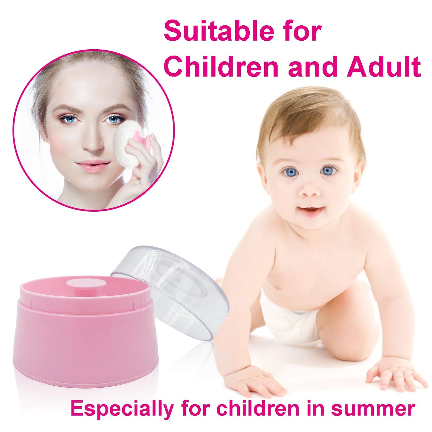 BPA Free Baby Powder Puff Box, Large 2.8" Fluffy Body After-Bath Powder Case, Baby Care Face/Body Villus Powder Puff Container, Makeup Cosmetic Talcum Powder Container with Hand Holder (Pink)