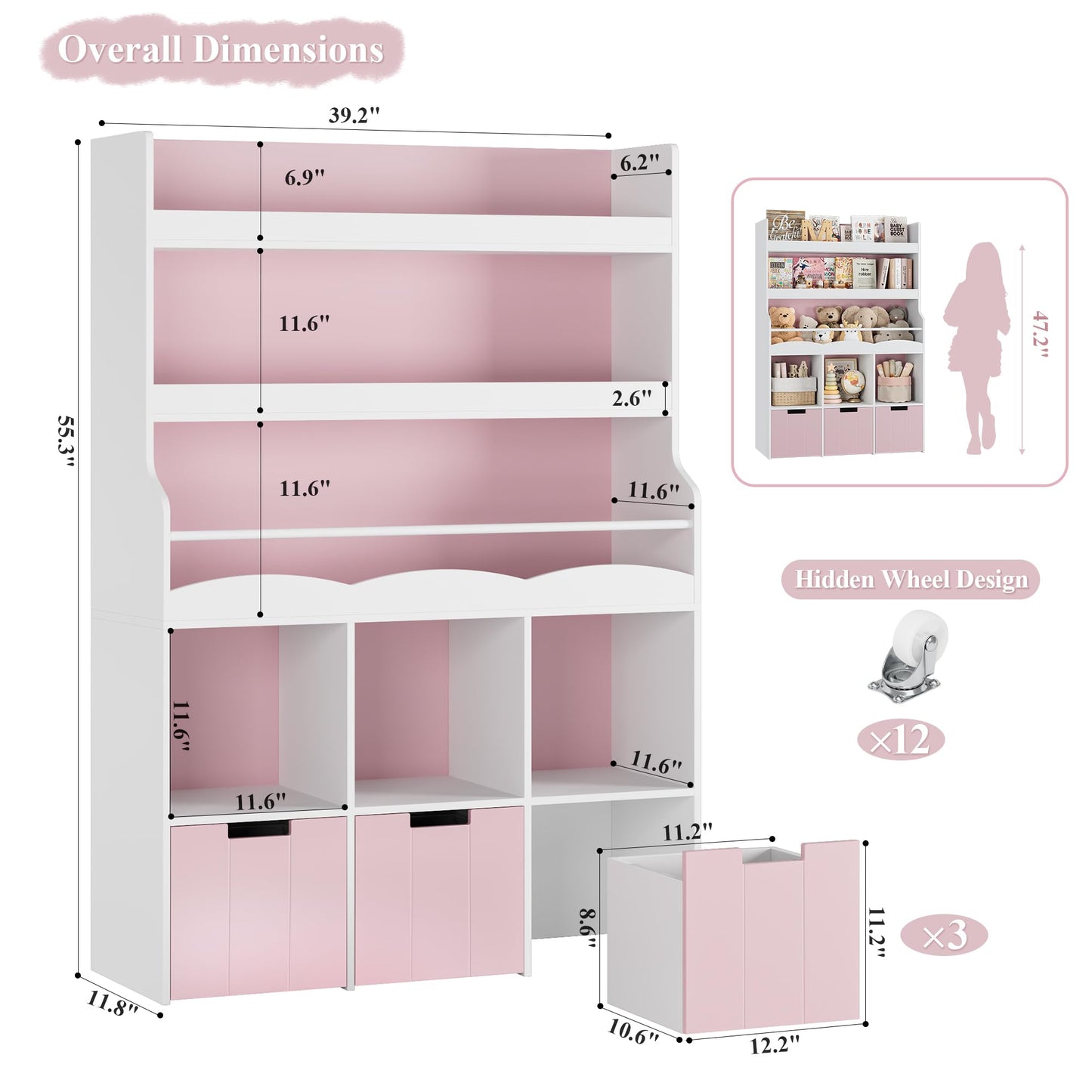 HITHOS 55.3" H Kids Bookshelf with Toy Storage Organizer, Tall Book Shelf with 3 Movable Toy Storage Bins, Large Kids Bookcase with Toy Chest, 39.2" W Modern Toy Box for Kids Room, Playroom, White
