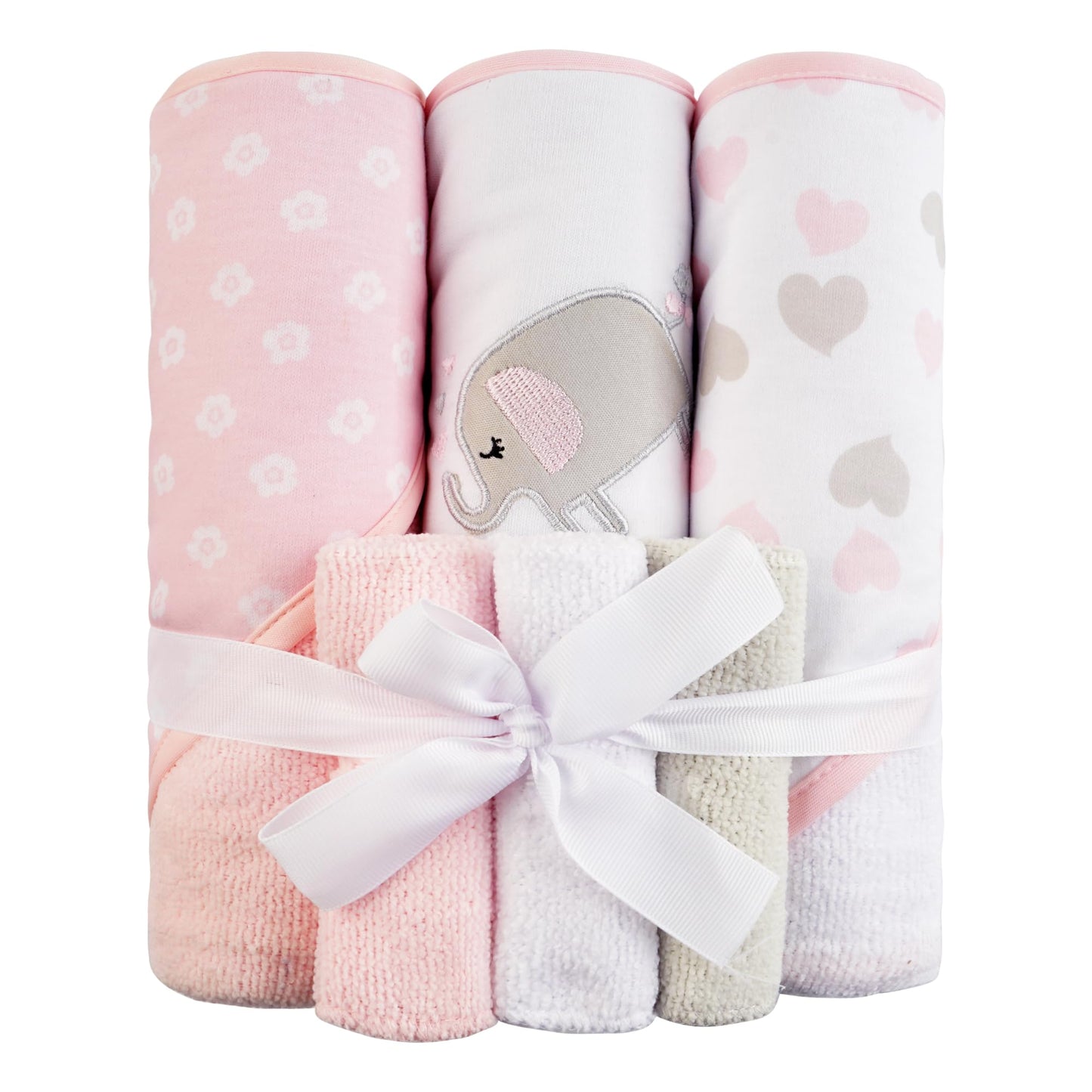 Viviland Baby Towels and Baby Wash Cloths Set Hooded Baby Towels Baby Wipes Absorbent Bath Face Towels Burp Cloths or Face Towels for Girl Boy 6-Pack Size 28 x 28 Inch(Elephant Flower)