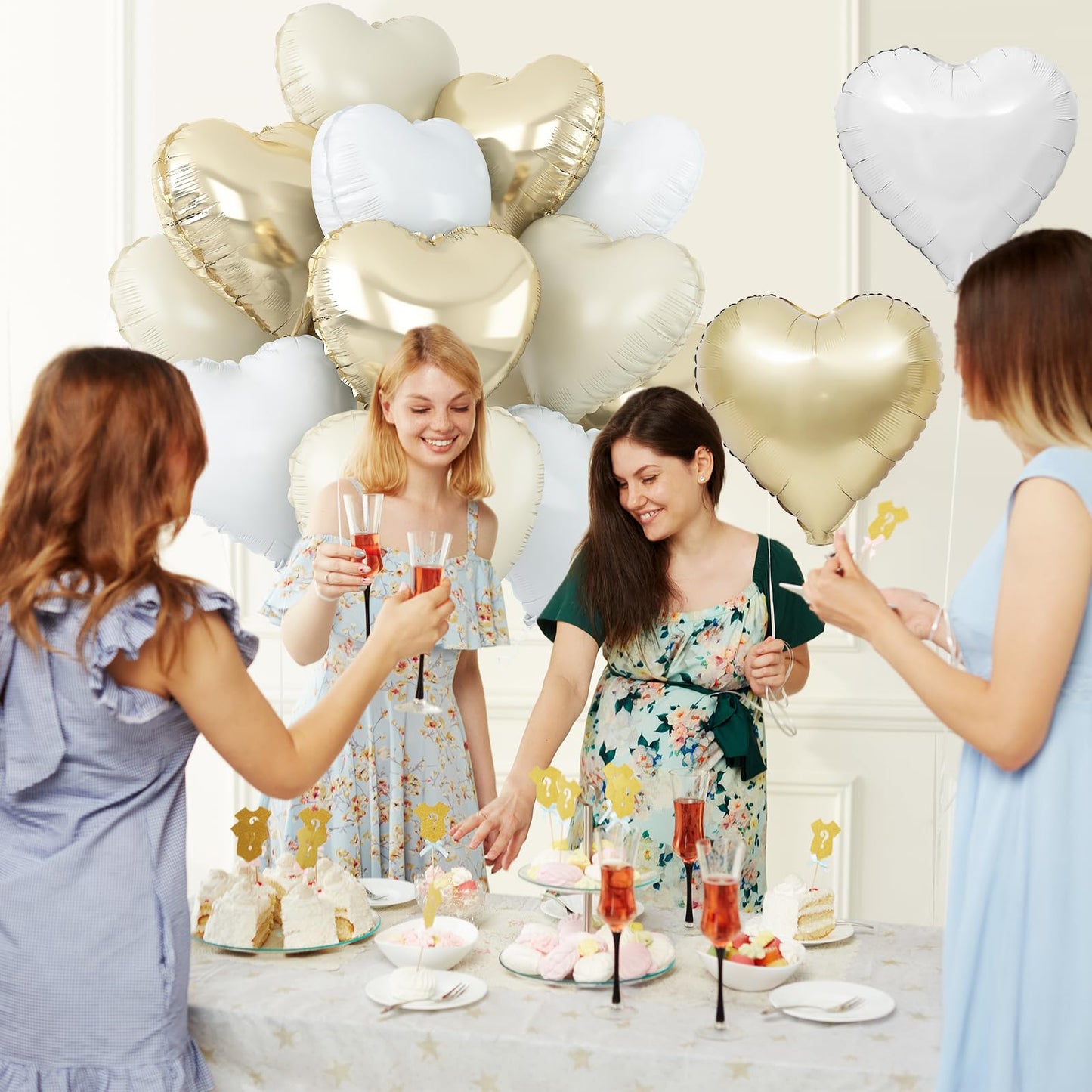 Sage Green Gold Heart Balloons,12Pcs Light Gold Heart Shaped Foil Balloons,18Inch Cream White Helium Mylar Balloon for Baby Shower Birthday Anniversary Wedding Party Decorations