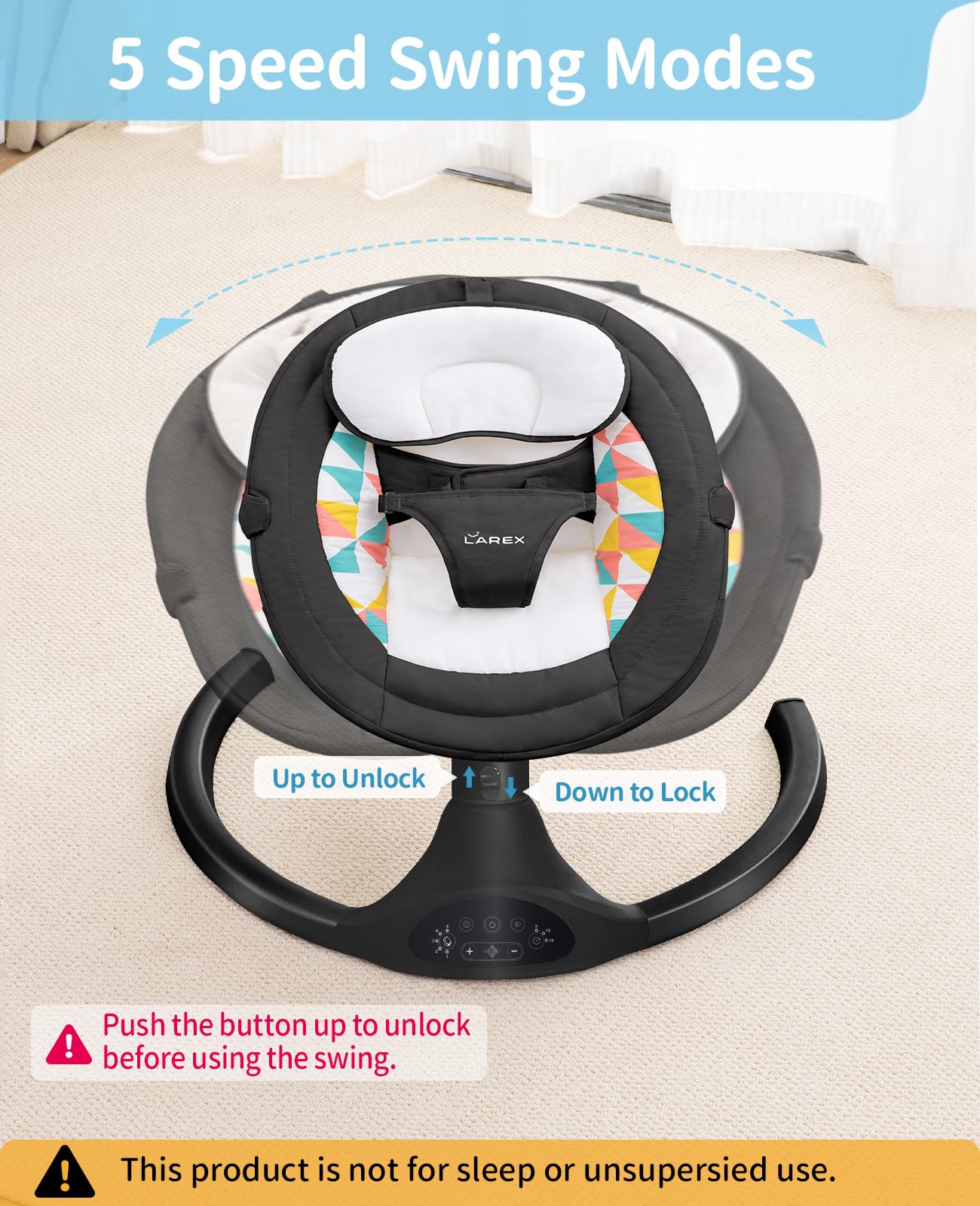 LAREX Baby Swings Electric Baby Swing Bluetooth Infant Swing Portable Rocker with 5 Speeds, 1 Seat Position, Remote Control, Grey