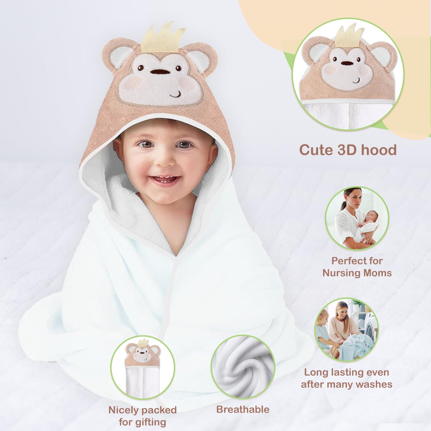 Mother's Choice Baby Hooded Towel - Large 33x33 Inch, 100% Cotton, Ultra-Soft & Absorbent Bath Towel for Newborns, Infants, Boys & Girls (Butterfly)