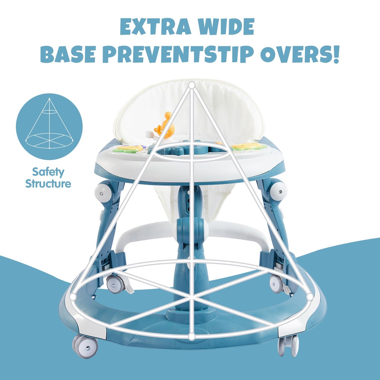 3 in 1 Baby Walker, Baby Walkers for Boys and Girls with Removable Footrest, Feeding Tray, Rocking Function & Music Tray(Without Battery), Foldable Activity Walker for Baby 6-18 Months (Blue)