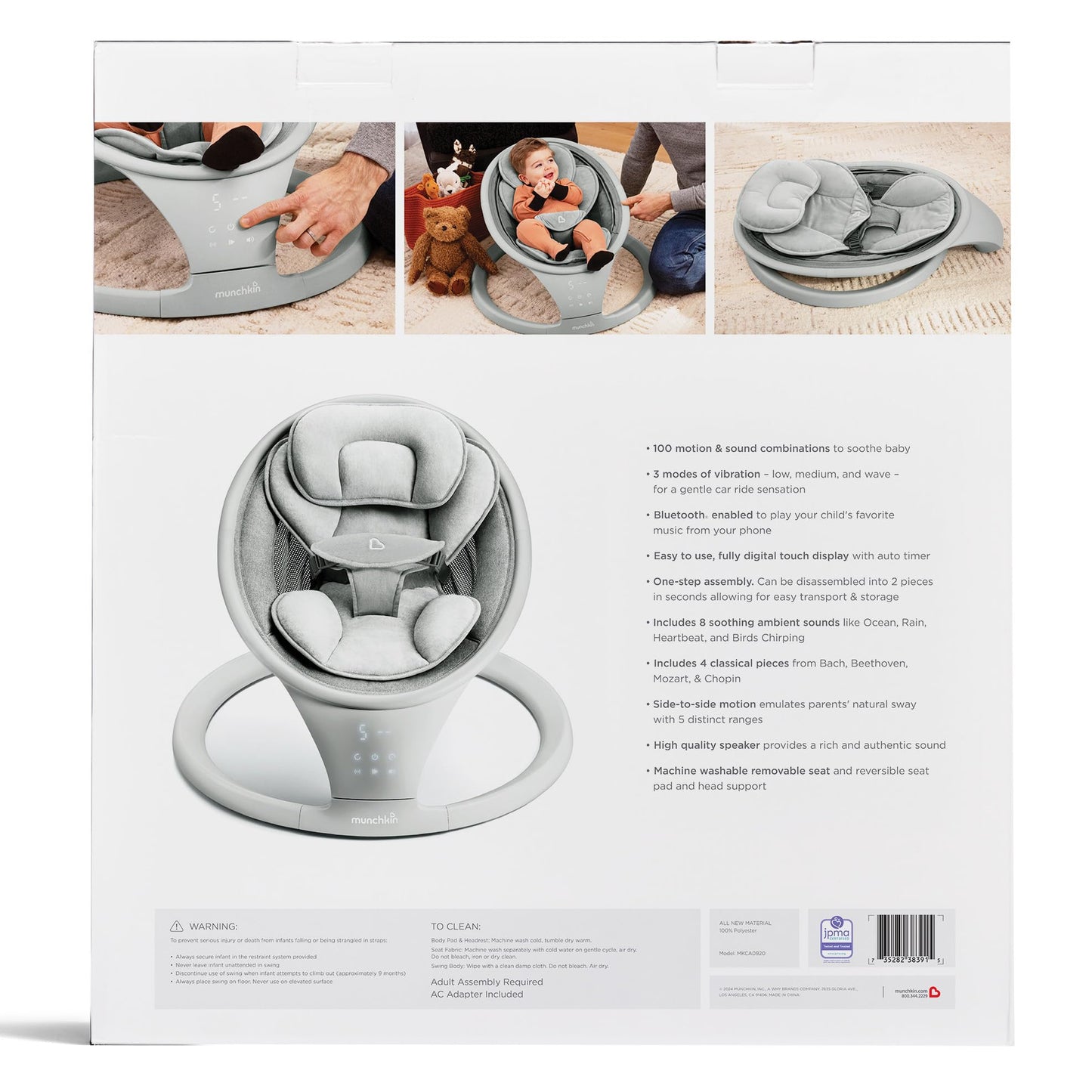 Munchkin Baby Swing, Portable and Lightweight, Bluetooth Enabled Electric Infant Rocker with Natural Sway in 5 Ranges of Motion, Newborn Nursery Essentials, White/Grey