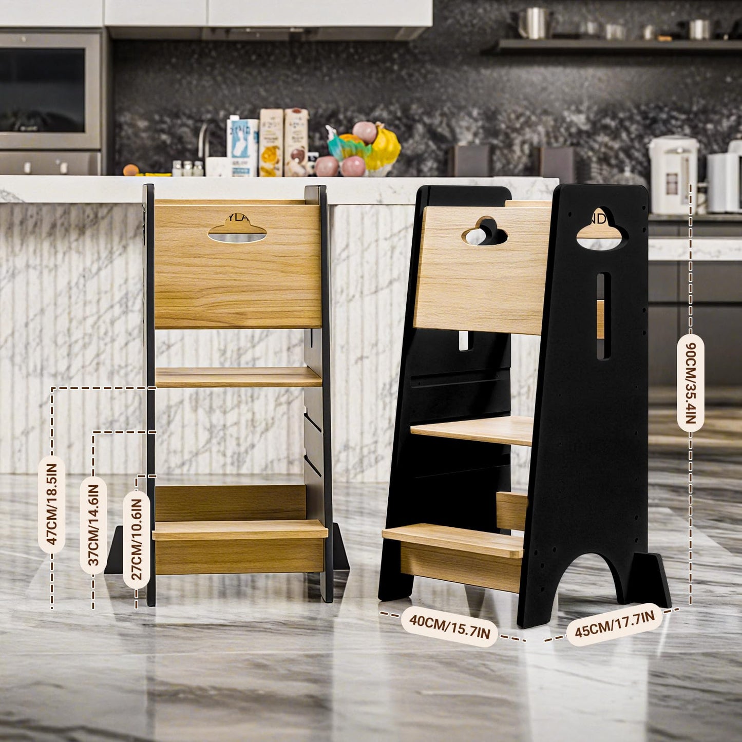 COSYLAND Toddler Standing Tower Adjustable Height - Super Stable Kids Kitchen Stool Helper - 3 Levels Adjustable Wooden Toddler Kitchen Stool (Natural & Navy Blue)