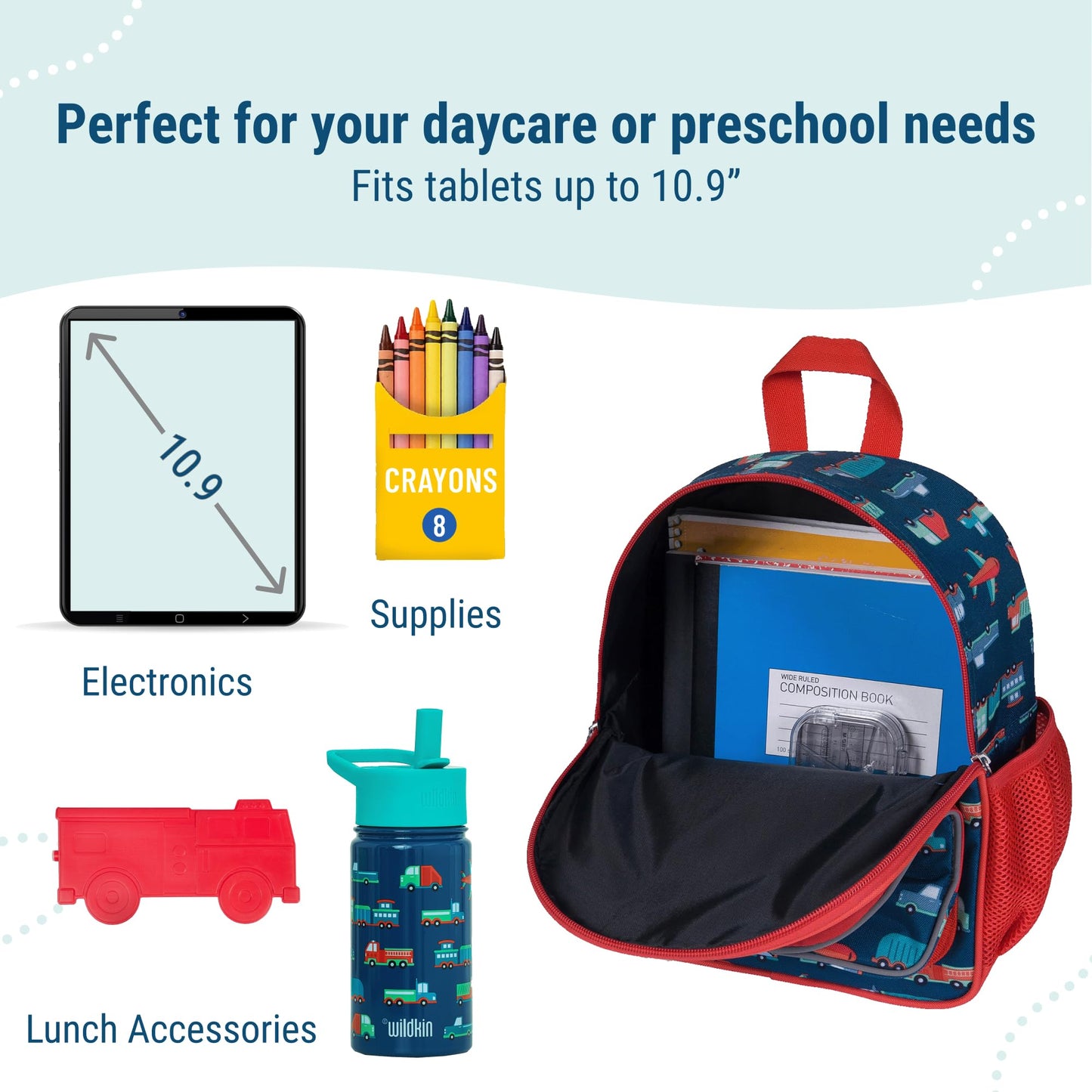 Wildkin 12-inch Kids Backpack – Padded, Adjustable, Ideal for Daycare & Travel - Trains, Planes, and Trucks