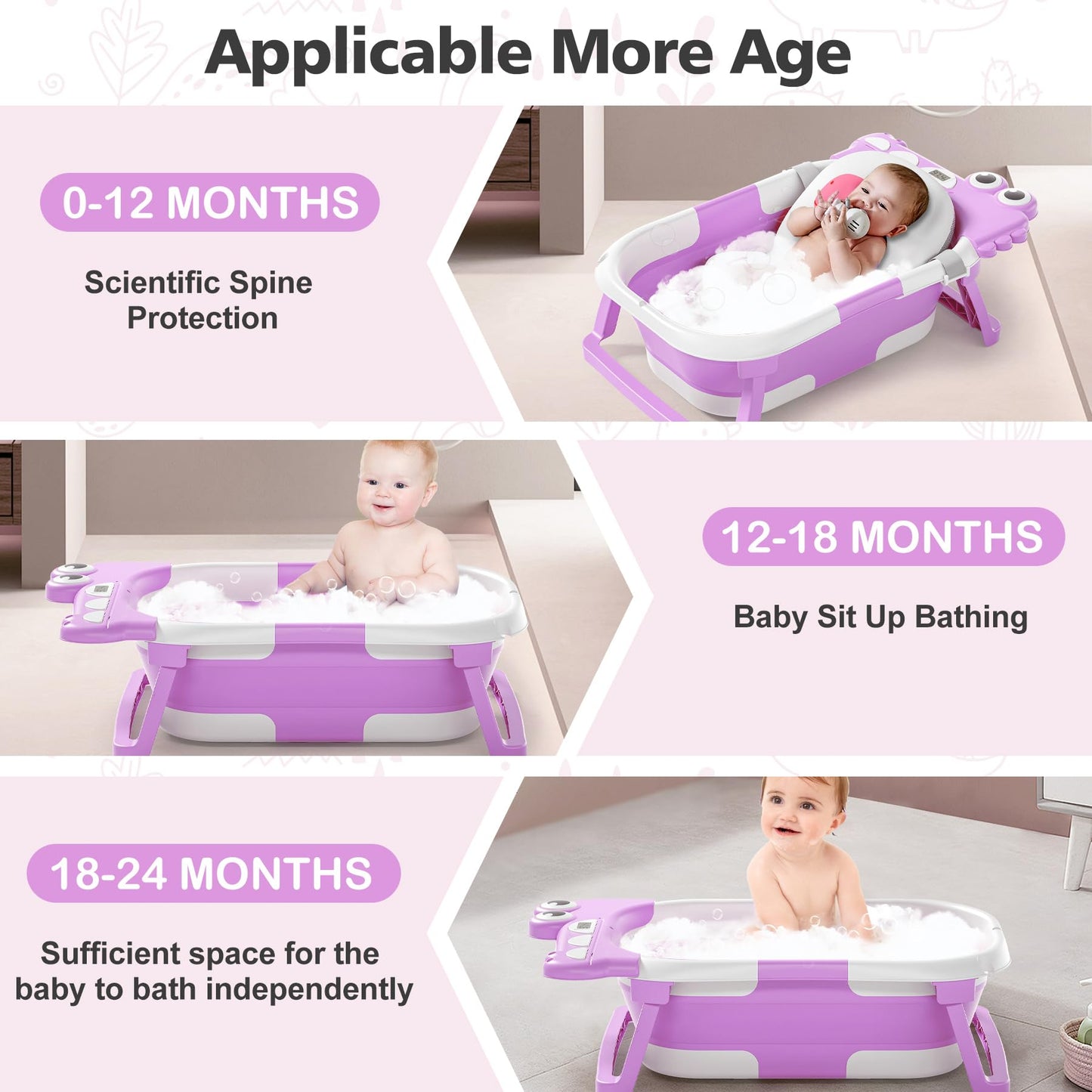 Collapsible Baby Bathtub for Newborn, Foldable Baby Bath Tub with Thermometer & Soft Floating Cushion & Drain Hole, Portable Travel Infant Bath Tubs for Newborns to Toddler 0-36 Months Girl, Pink