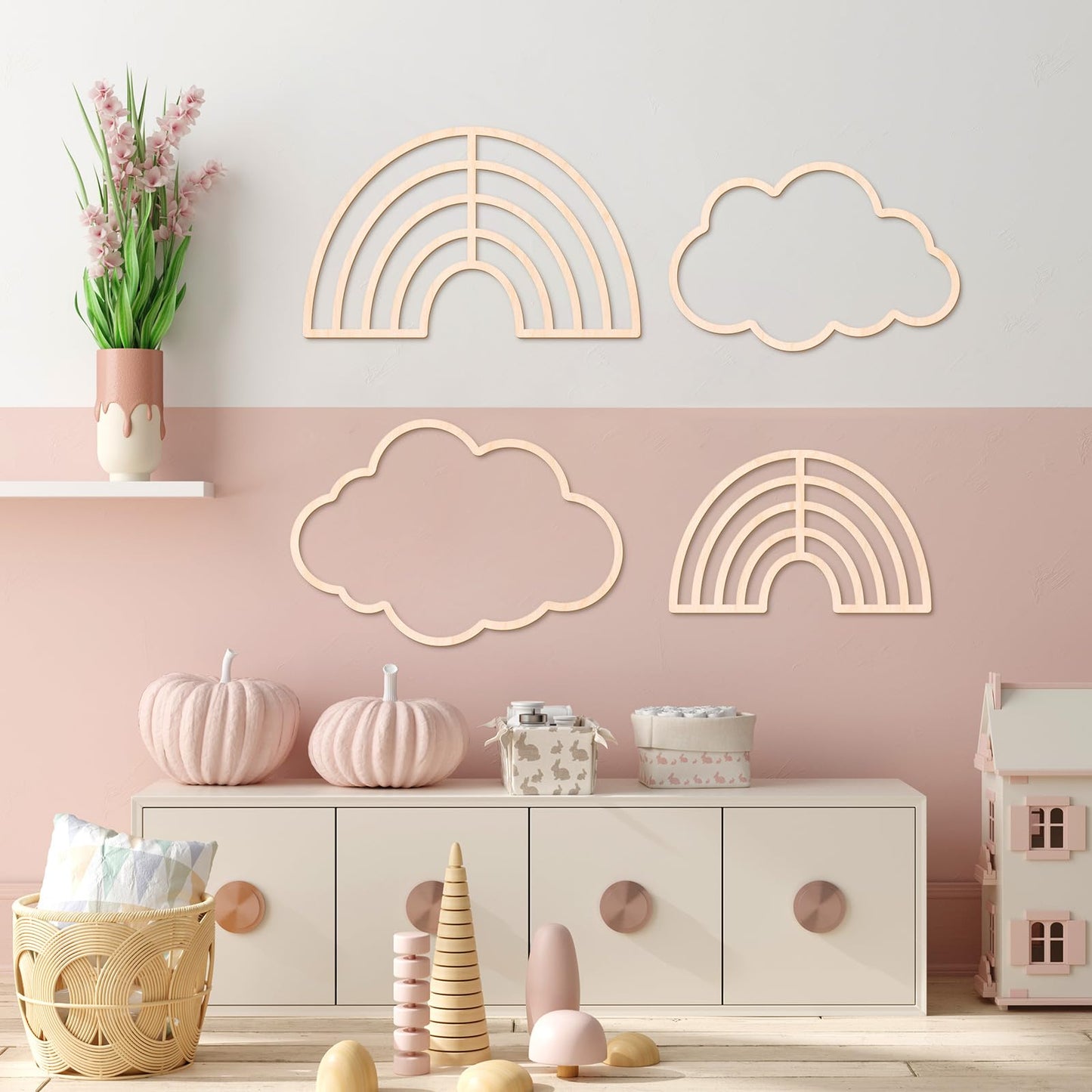 Kathfly4 Pieces Boho Nursery Cloud Star Wall Decor Wooden Babyroom Moon Rattan Wall Decor Wooden Rainbow for Children Baby Kids Boys Girls Bedroom Nursery Pendant(Cloud Moon Star)