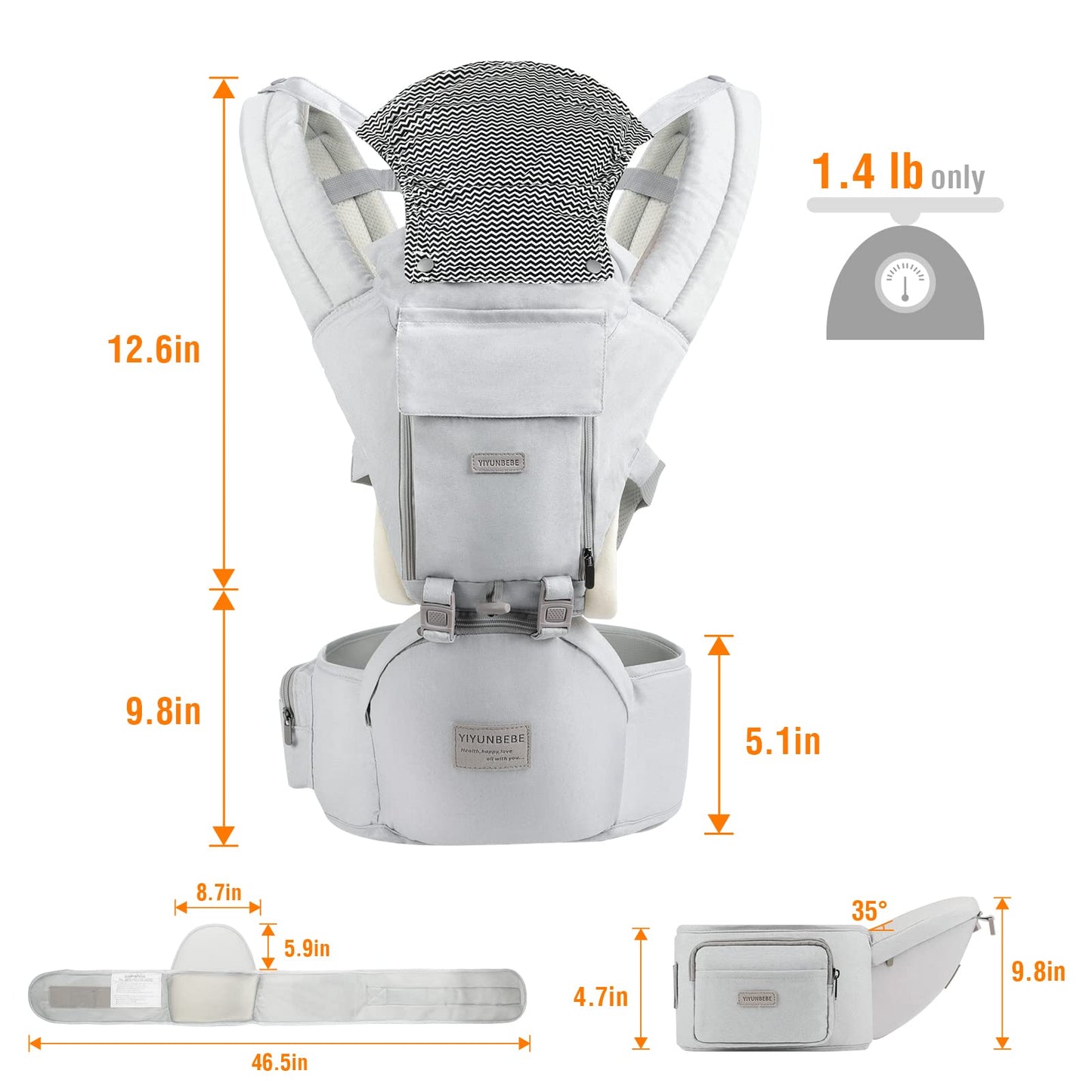 Baby Carrier, Ergonomic 6-in-1 Baby Carrier with Hip Seat for Newborn Infant Toddler, Adjustable Detachable Baby Holder Carrier for Dad Mom