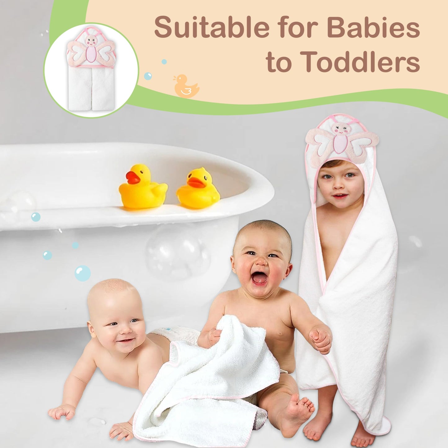 Mother's Choice Baby Hooded Towel - Large 33x33 Inch, 100% Cotton, Ultra-Soft & Absorbent Bath Towel for Newborns, Infants, Boys & Girls (Butterfly)
