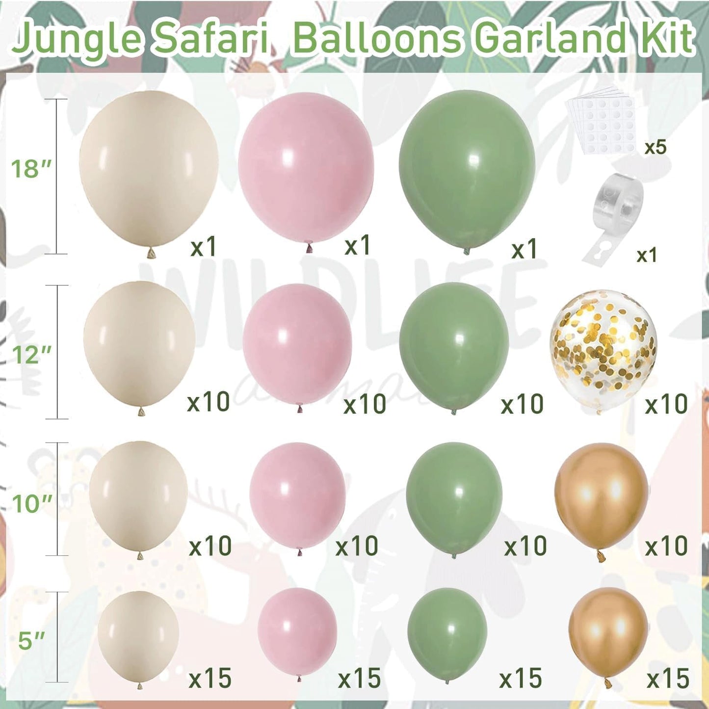 Sage Green Pink Balloon Arch Kit, Olive Green Light Pink Sand White Blush Metallic Gold Balloons with Gold Confetti Balloons for Girl Birthday Woodland Baby Shower Jungle Safari Decorations