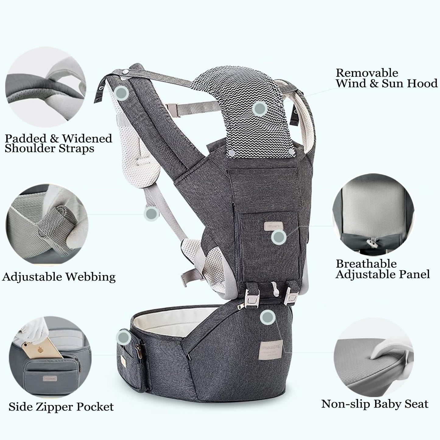 Baby Carrier, Ergonomic 6-in-1 Baby Carrier with Hip Seat for Newborn Infant Toddler, Adjustable Detachable Baby Holder Carrier for Dad Mom