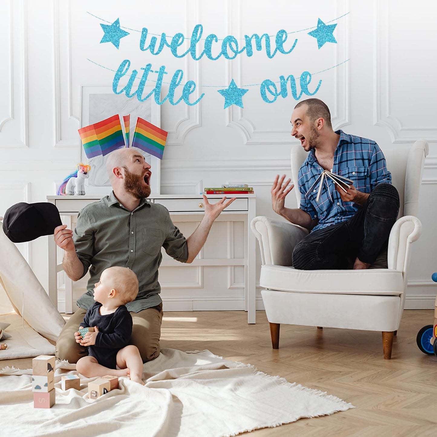 Baby Shower Decorations, Birthday Banner, Welcome Little One Baby Banner for Pre-strung Welcome Sign Gender Reveal Party Neutral Decor Backdrops Supplies (Blue)