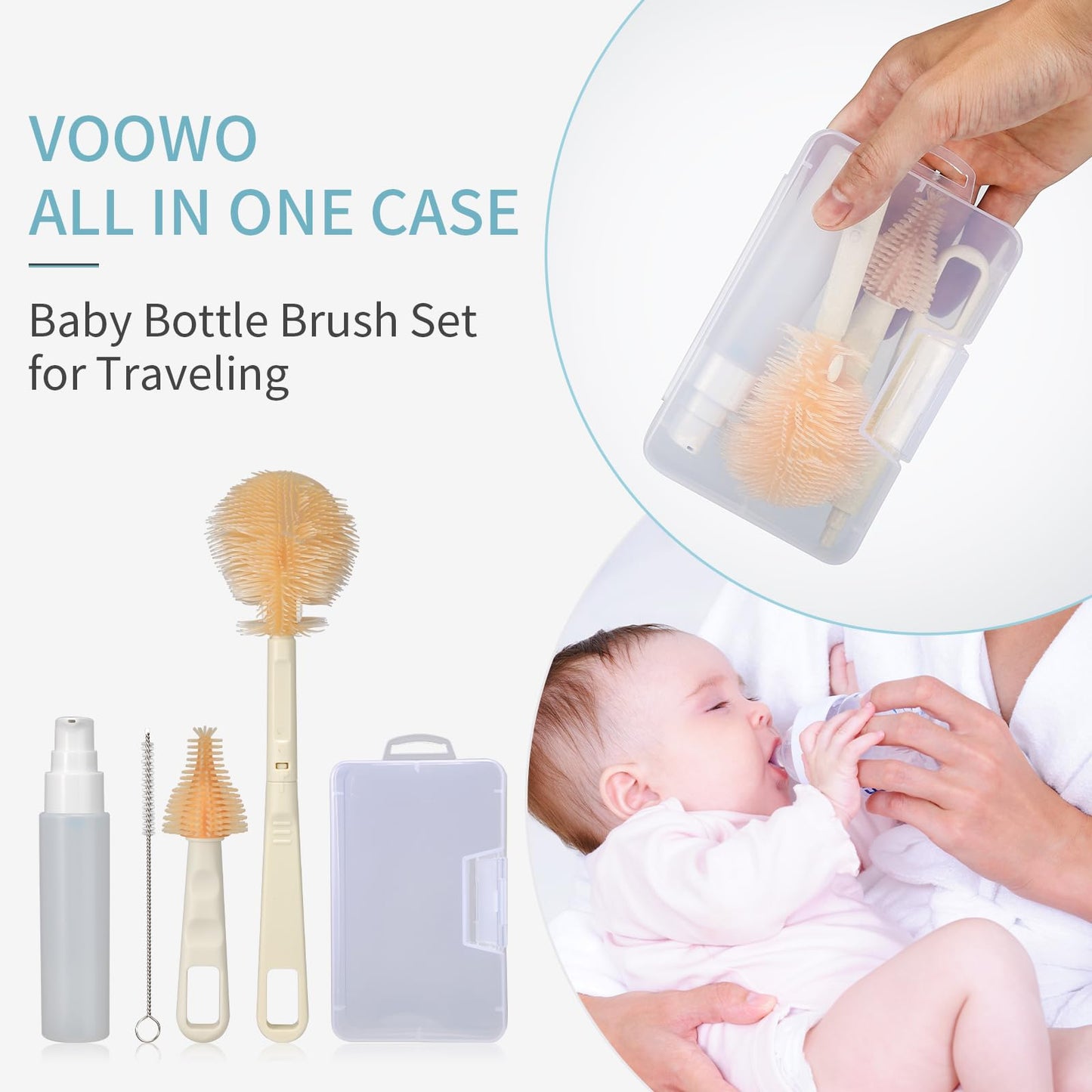 VOOWO Portable Bottle Cleaner Kit Travel Set, Silicone Baby Bottle Cleaner, Straw and Nipple Brush, Soap Dispenser (Purple)