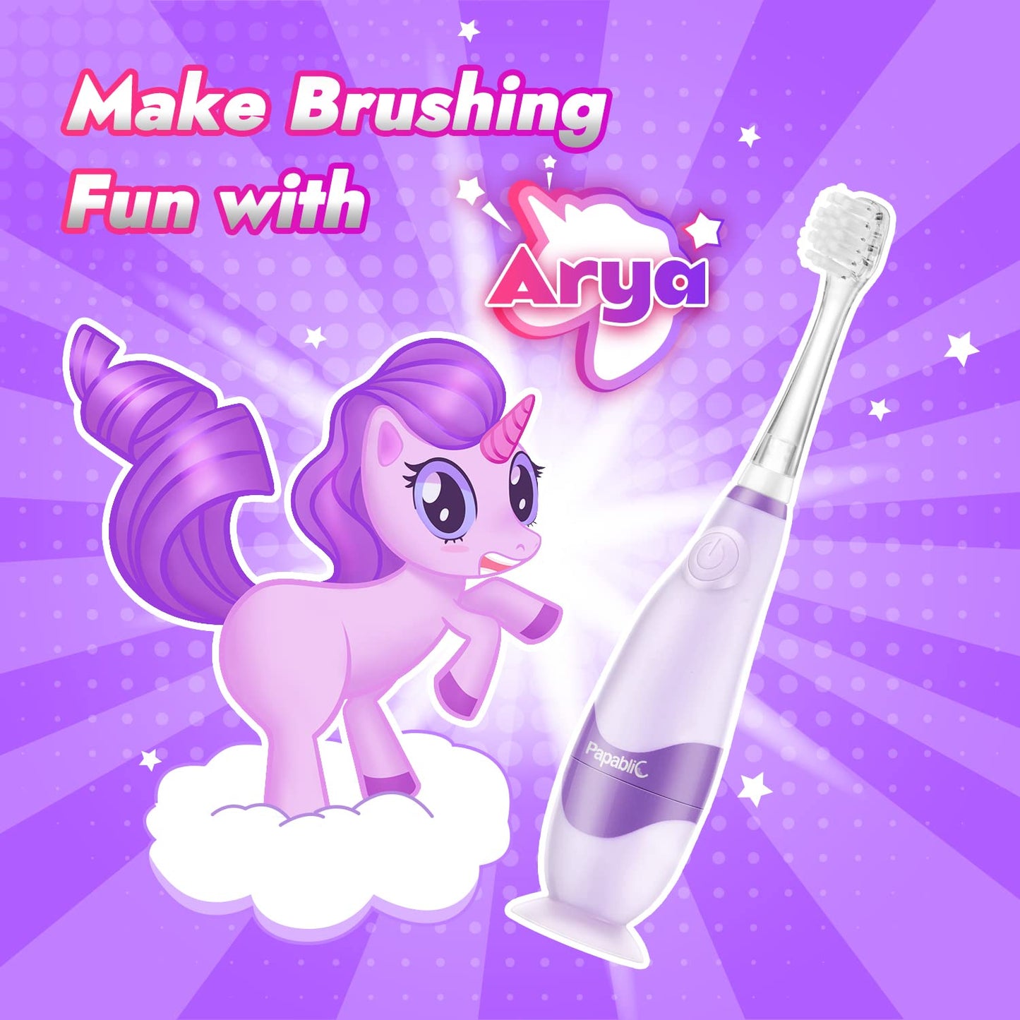 Papablic Toddler Sonic Electric Toothbrush Kids for Ages 1-3 Years, Baby Electric Toothbrush with Cute Unicorn Cover and Smart LED Timer, 4 Brush Heads (Doris)