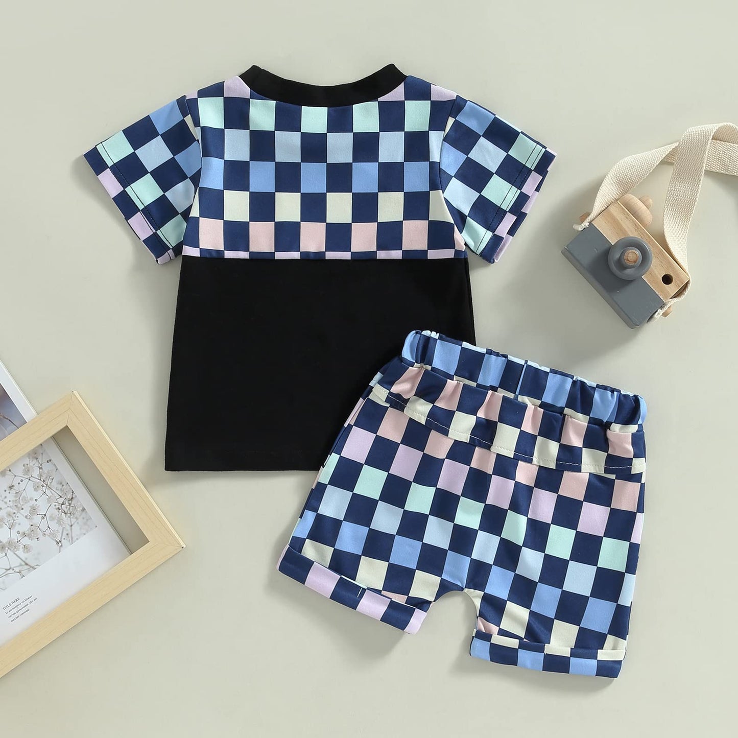 Toddler Baby Boy Summer Clothes Set Short Sleeve Checkered Tops & Shorts Novelty Color Block Outfits