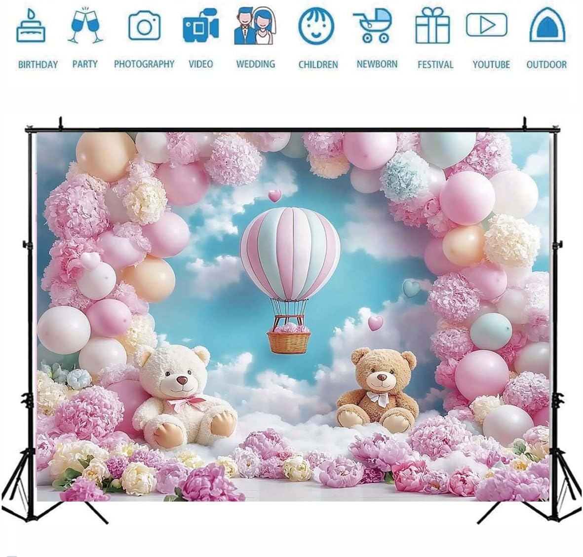 Pink Bear Hot Air Balloon Backdrop Girl Bear Balloons Baby Shower Background Girl 1st Birthday Party Banner Newborn Baby Shower Party Cake Table Decoration Photo Booth Props(Pink, 7x5ft)