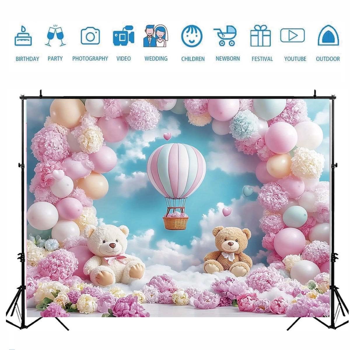 Pink Bear Hot Air Balloon Backdrop Girl Bear Balloons Baby Shower Background Girl 1st Birthday Party Banner Newborn Baby Shower Party Cake Table Decoration Photo Booth Props(Pink, 7x5ft)