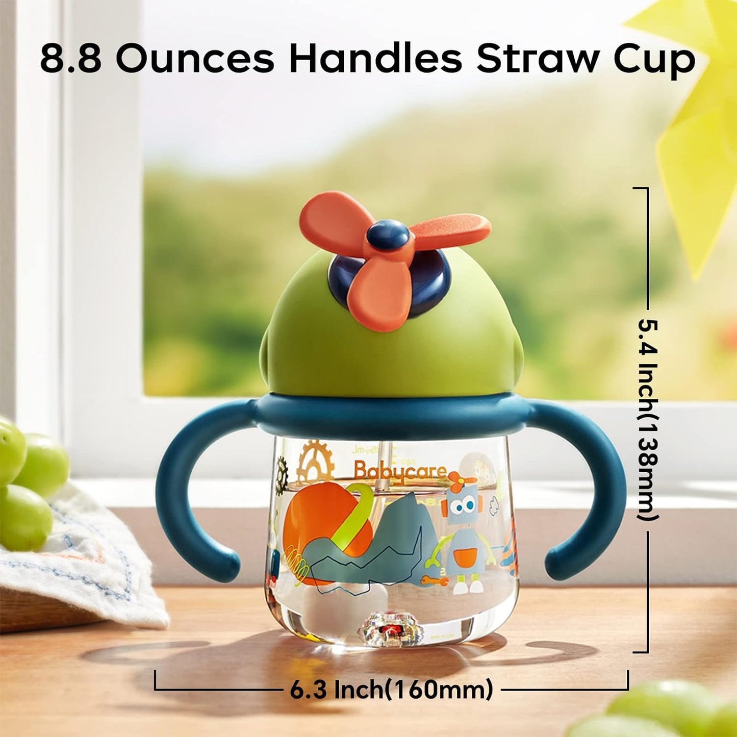 bc babycare Sippy Cup for Toddler, No Spill Windmill Baby Straw Cups, Breakproof Tritan Toddler Sippy Cups with Silicone Soft Tip Straw and Handles for Infant, BPA Free 8.8oz(Yellow)