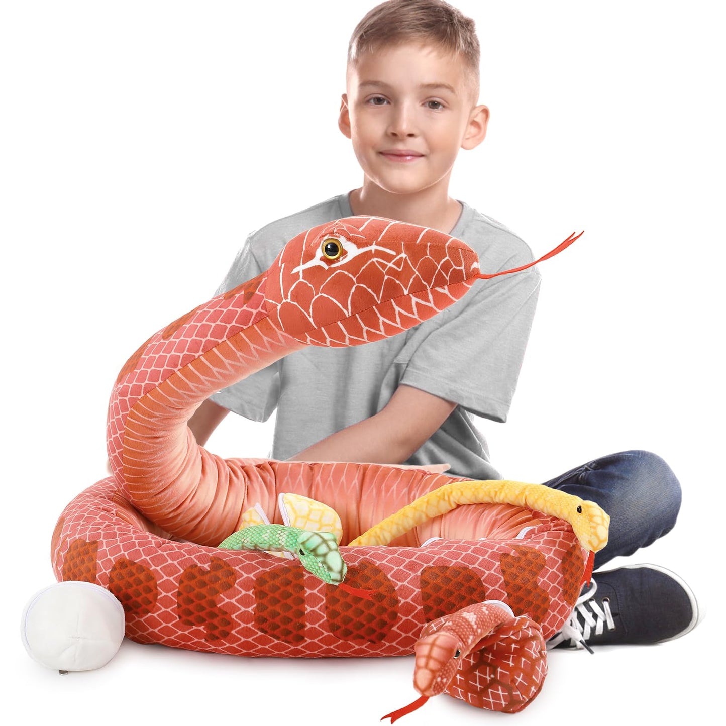 MorisMos Snake Stuffed Animals Plush Toy 120 Inch Giant Snake Plush with Babies Stuffed Snake Toys for Kids Plush Party Decorations Favors Prank Props, 4 Snake Babies, 3 Snake Eggs