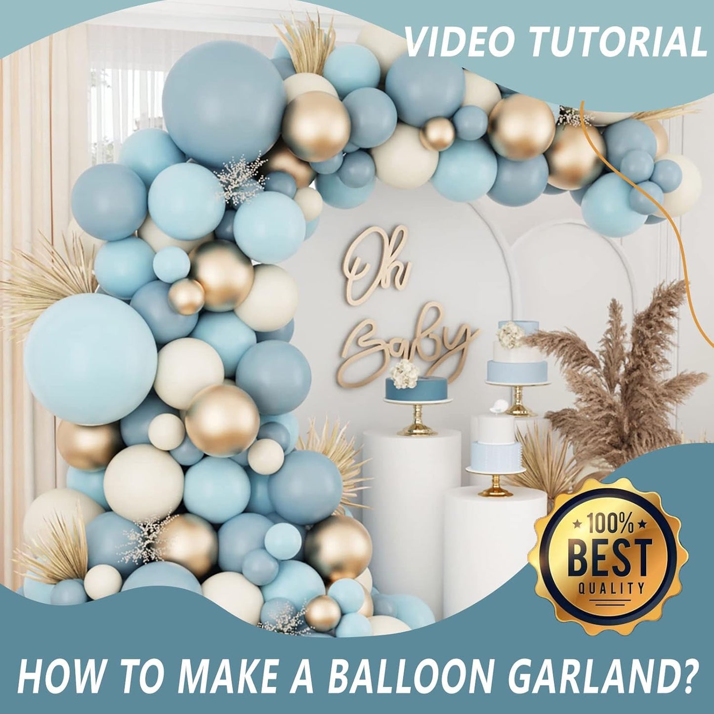 Dusty Baby Blue Balloons Balloon Arch Garland Kit,Sand White Metallic Gold Dusty Slate Fog Baby Blue Balloons for Boy Baby Shower Bridal Shower Birthday Party Decorations for Boy Men