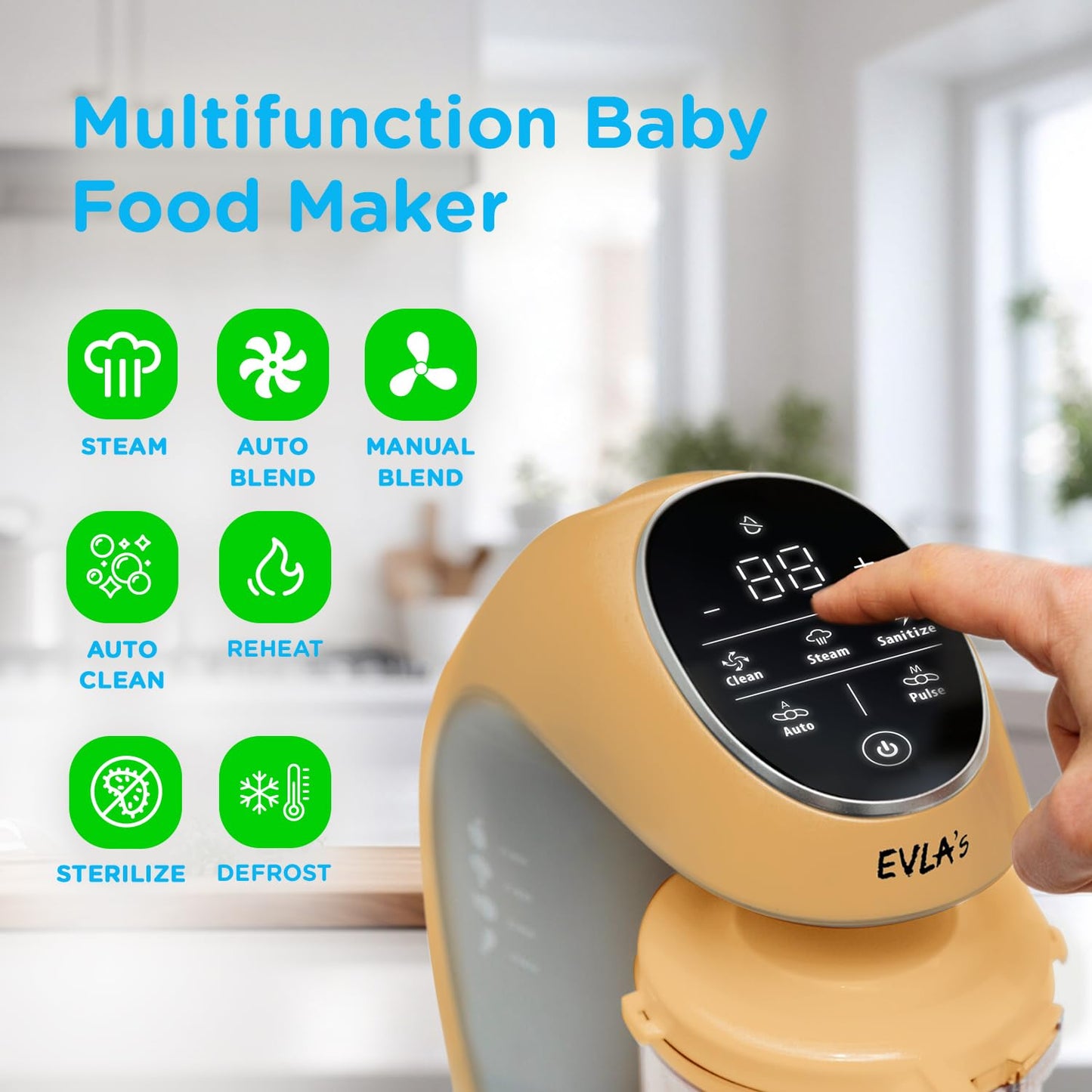EVLA'S Baby Food Maker, Steamer, Blender, Baby Food Processor for Healthy Homemade Baby Food in Minutes, Touch Screen with 6 Reusable Food Pouches, Baby Registry Essential, White