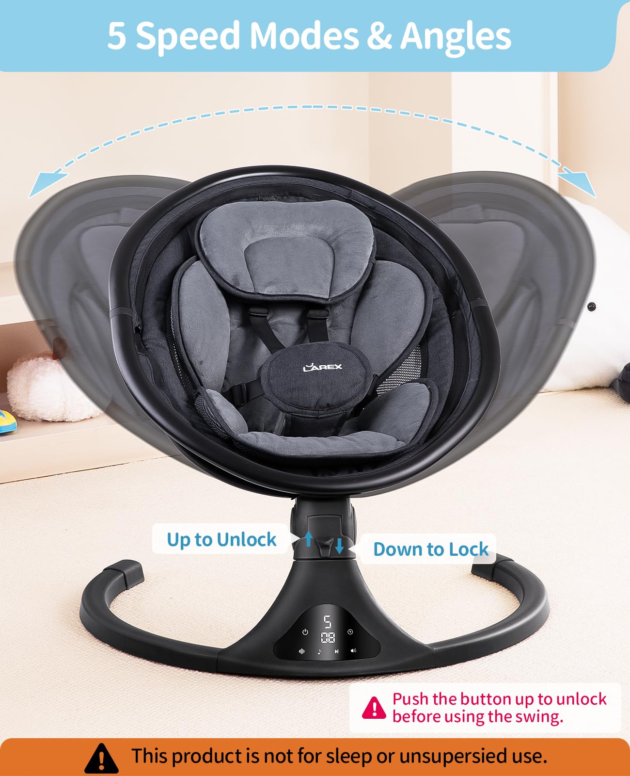 LAREX Baby Swing to Toddler Electric Infant Swing Portable for Newborn Boy Girl, 5 Sway Speeds with Remote Control, 12 Preset Melodies and Bluetooth, 0-6 Months Max 20 Lbs(Dark Wood Grain)