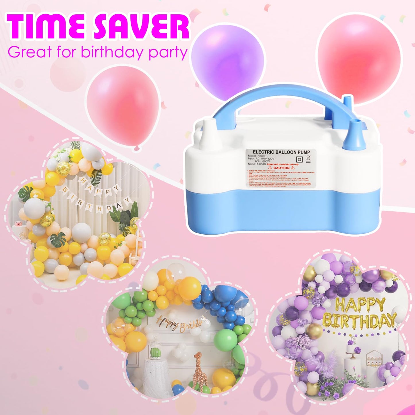 Balloon Pump Electric, Portable Automatic Dual Nozzle Inflator 110V 600W with Tying Tools for Birthday Gender Reveal Baby Shower Balloons Party Decorations