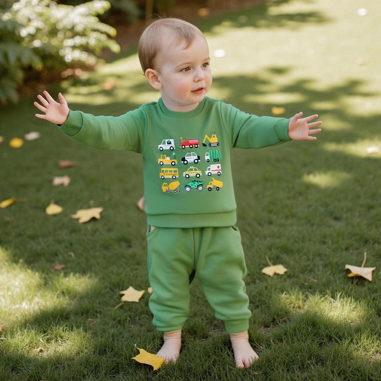 Fernvia Baby Boy Fall Winter Clothes Toddler Kids Solid Outfits Vehicle Long Sleeve Sweatshirt Tops + Joggers Pants Set